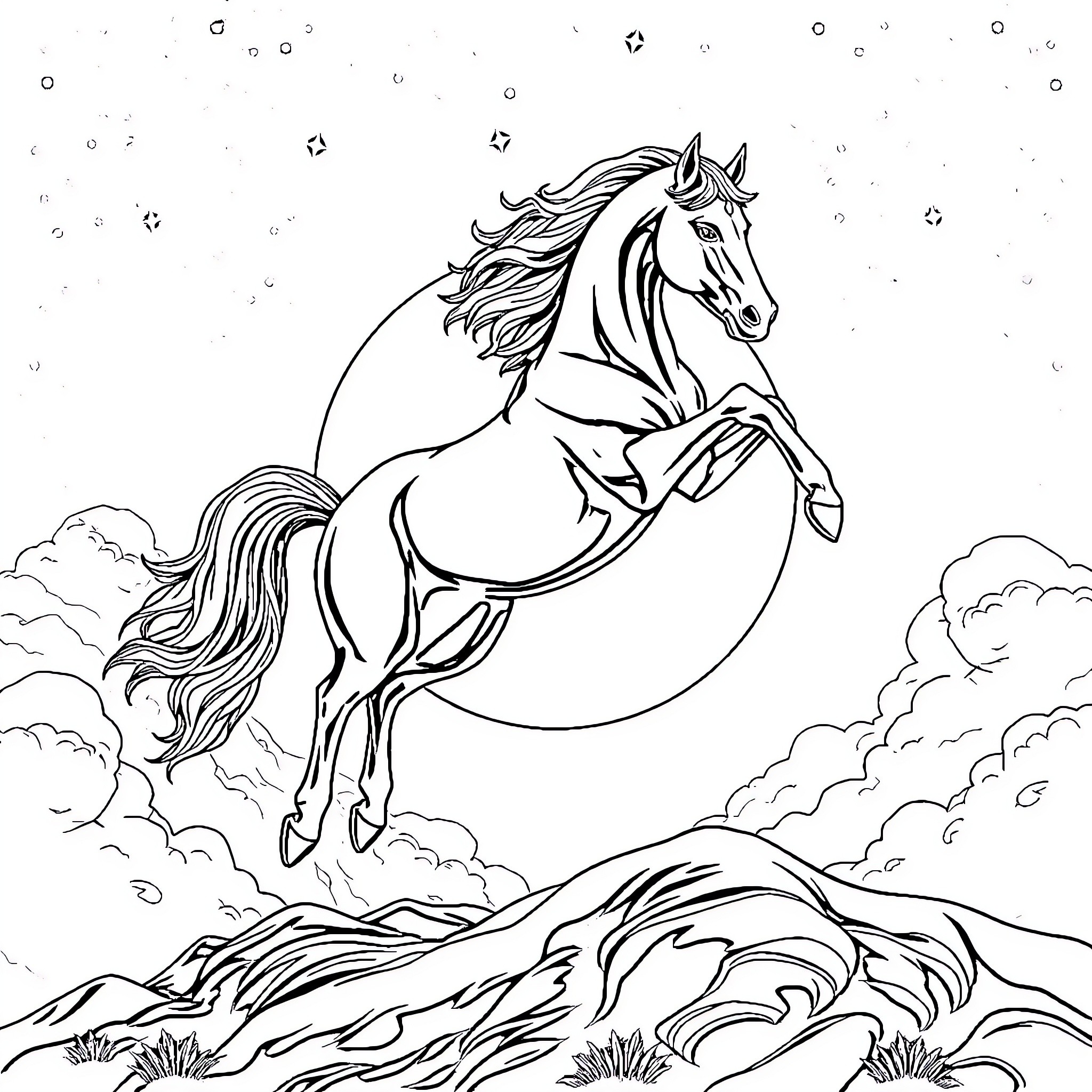 Horse leaping gracefully over mountainous terrain Coloring Page (free black-and-white line drawing printable PDF for all, from beginners to advanced learners, including children, teens, adults, and seniors)