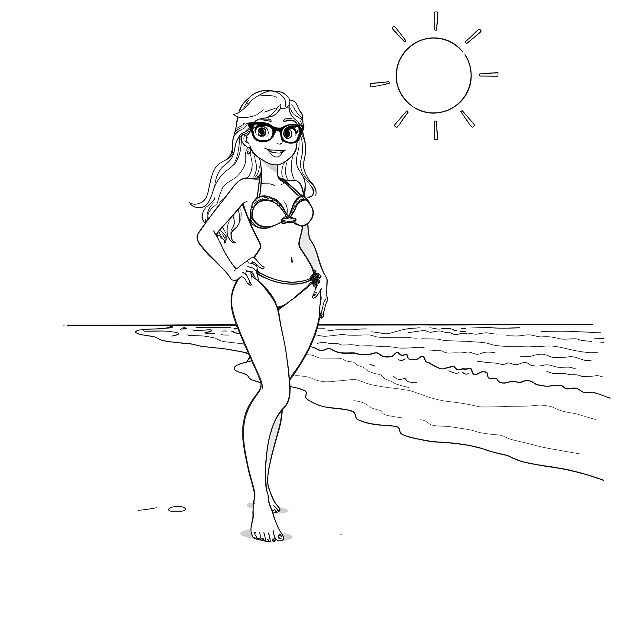 Girl enjoying a sunny day at the beach Coloring Page (free black-and-white line drawing printable PDF for all, from beginners to advanced learners, including children, teens, adults, and seniors)