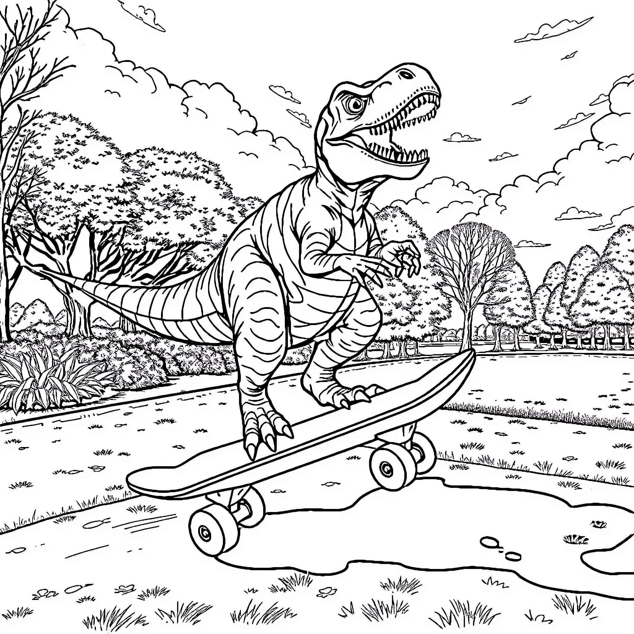Dinosaur riding a skateboard in the park Coloring Page (free black-and-white line drawing printable PDF for all, from beginners to advanced learners, including children, teens, adults, and seniors)