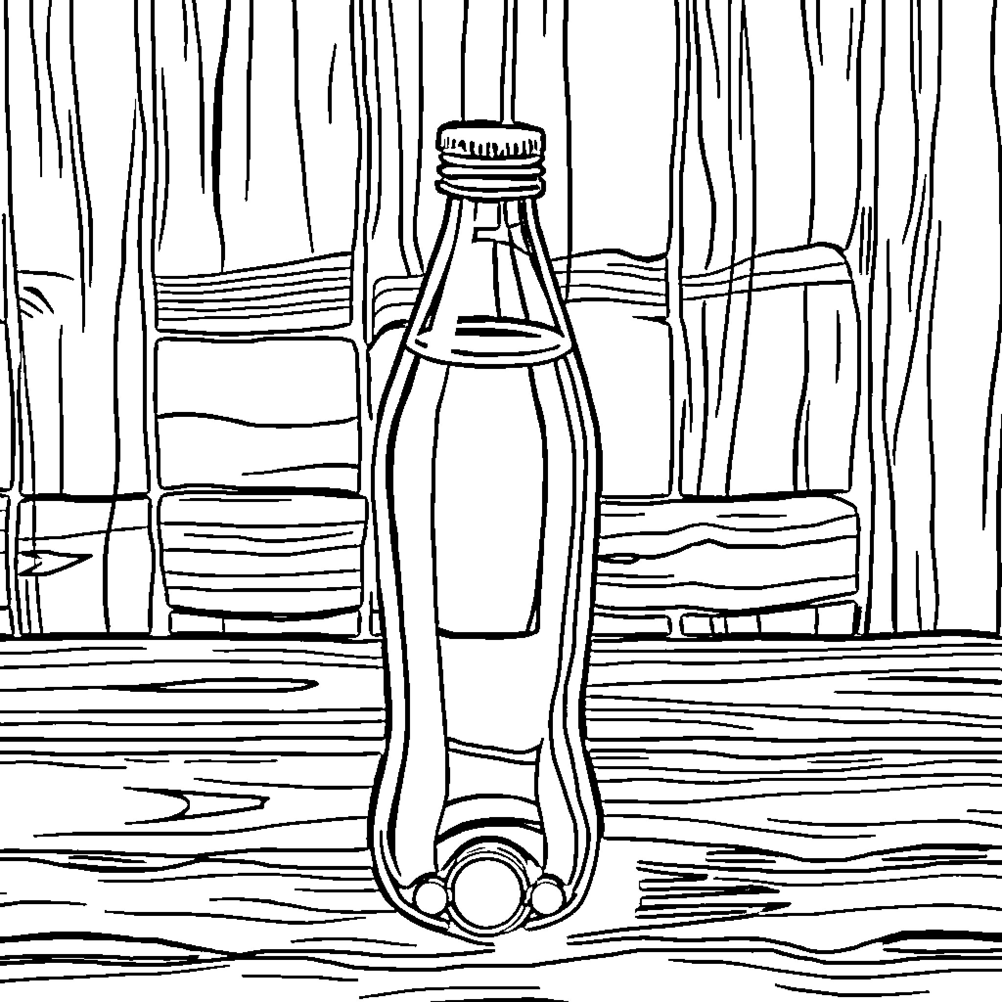 Water Bottle on Wooden Table Coloring Page (free black-and-white line drawing printable PDF for all, from beginners to advanced learners, including children, teens, adults, and seniors)