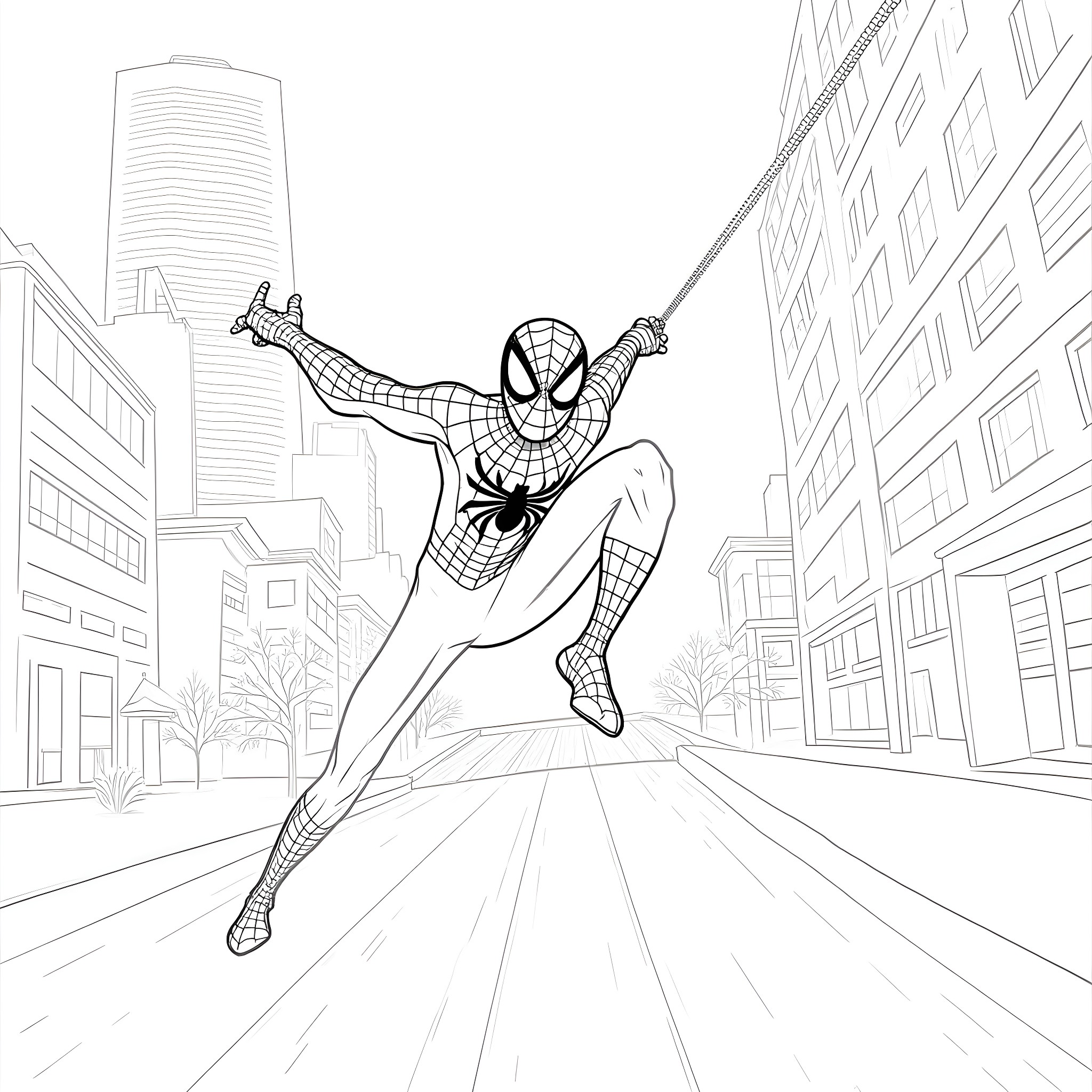 Spiderman swinging through the city skyline Coloring Page (free black-and-white line drawing printable PDF for all, from beginners to advanced learners, including children, teens, adults, and seniors)