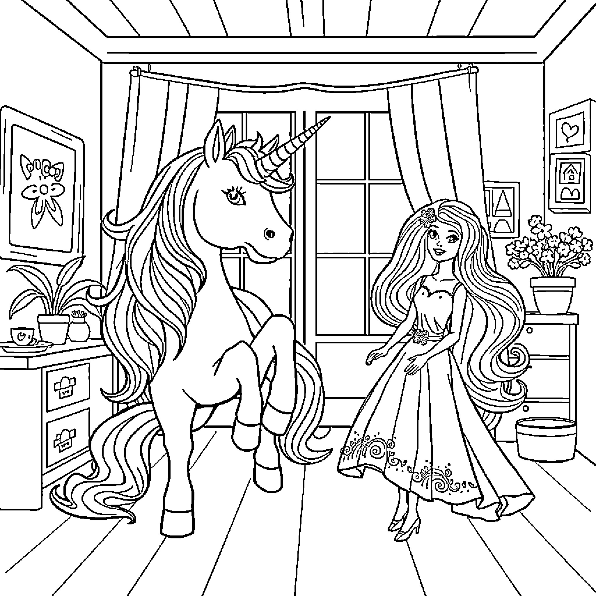 Unicorn and girl in whimsical home setting Coloring Page (free black-and-white line drawing printable PDF for all, from beginners to advanced learners, including children, teens, adults, and seniors)