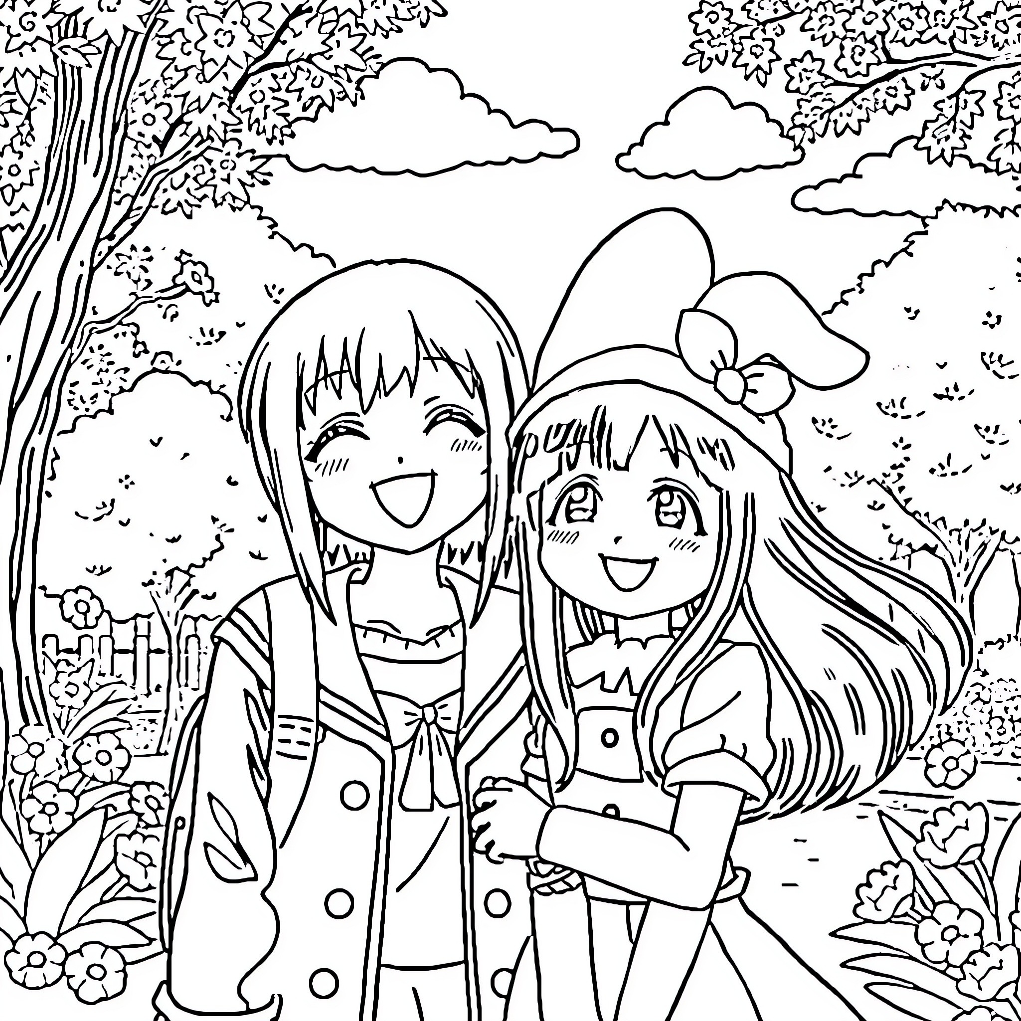 Kuromi and Friend Enjoying Nature Together Coloring Page (free black-and-white line drawing printable PDF for all, from beginners to advanced learners, including children, teens, adults, and seniors)