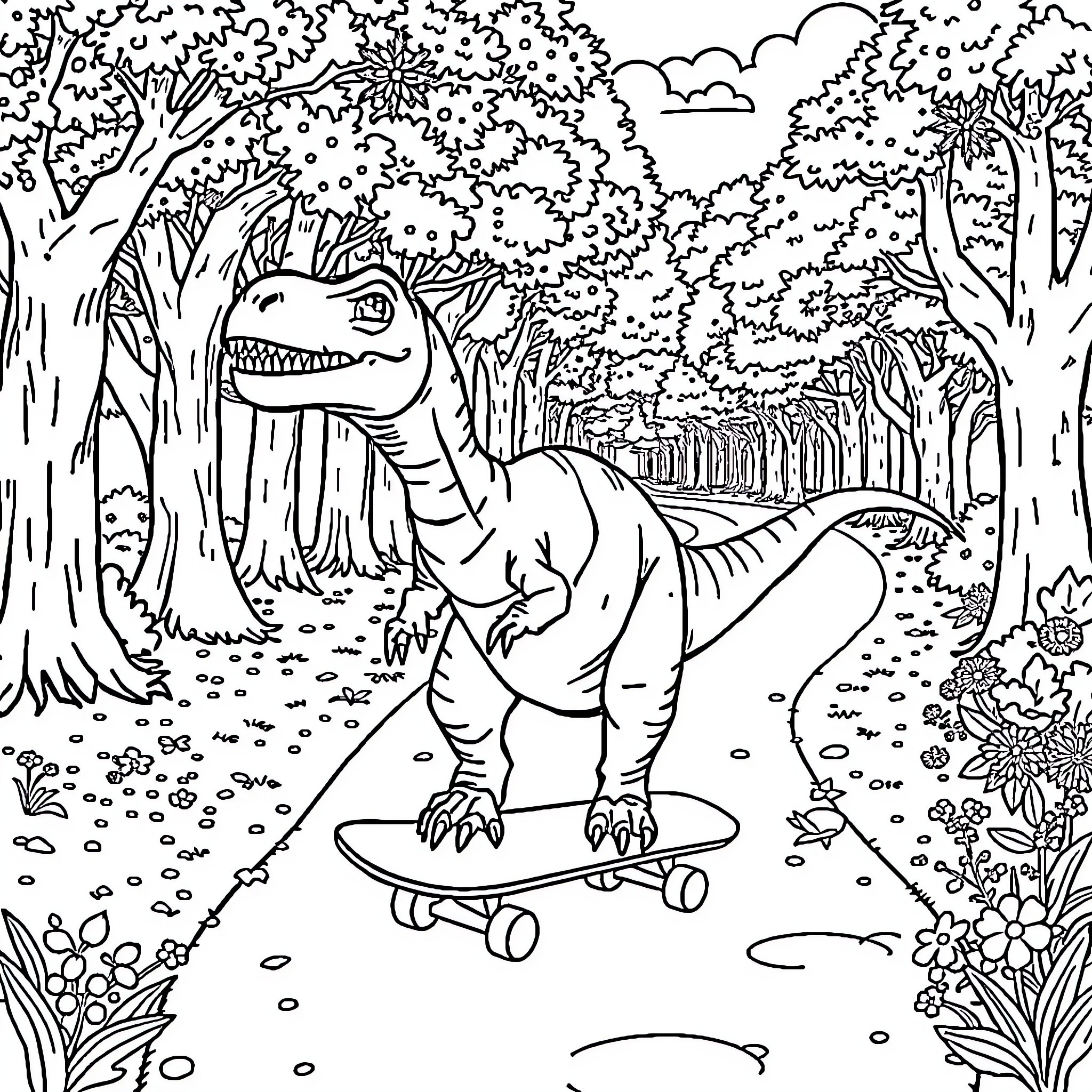 Dinosaur riding a skateboard in the forest Coloring Page (free black-and-white line drawing printable PDF for all, from beginners to advanced learners, including children, teens, adults, and seniors)