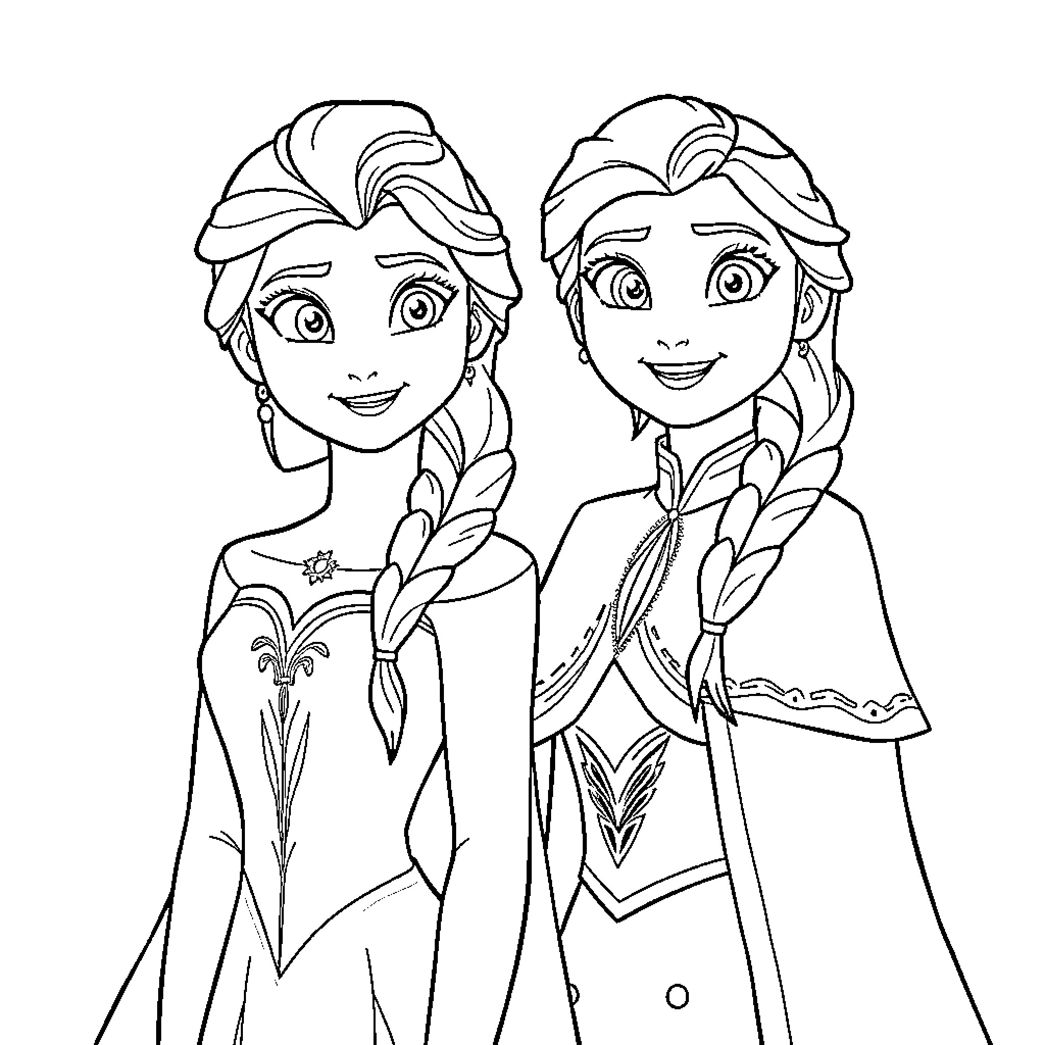 Elsa and Anna in Formal Attire Coloring Page (free black-and-white line drawing printable PDF for all, from beginners to advanced learners, including children, teens, adults, and seniors)