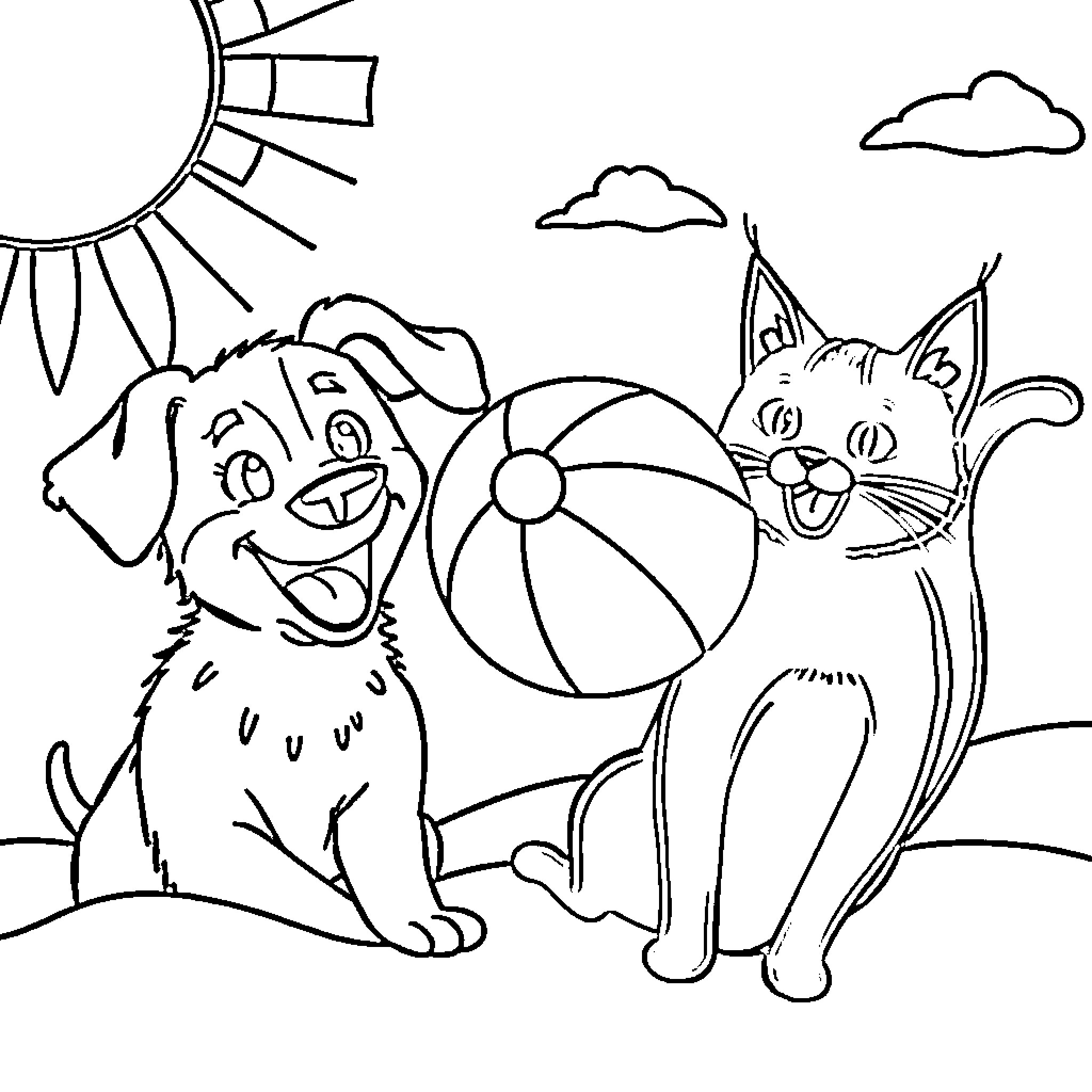 Dog and cat playing with beach ball on a sunny day Coloring Page (free black-and-white line drawing printable PDF for all, from beginners to advanced learners, including children, teens, adults, and seniors)