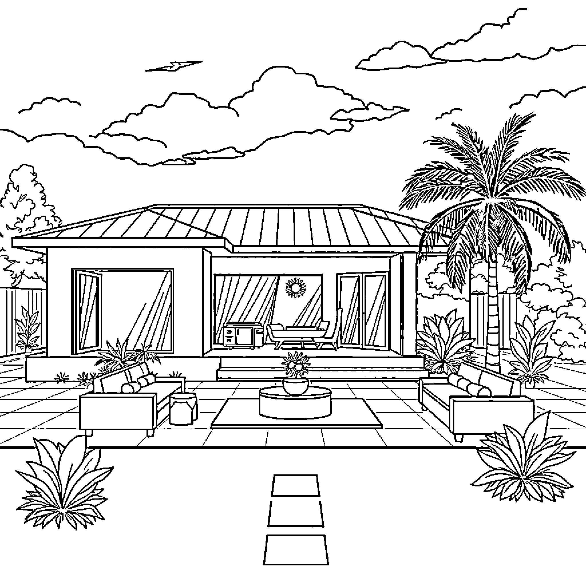 House with outdoor patio and tropical scenery Coloring Page (free black-and-white line drawing printable PDF for all, from beginners to advanced learners, including children, teens, adults, and seniors)
