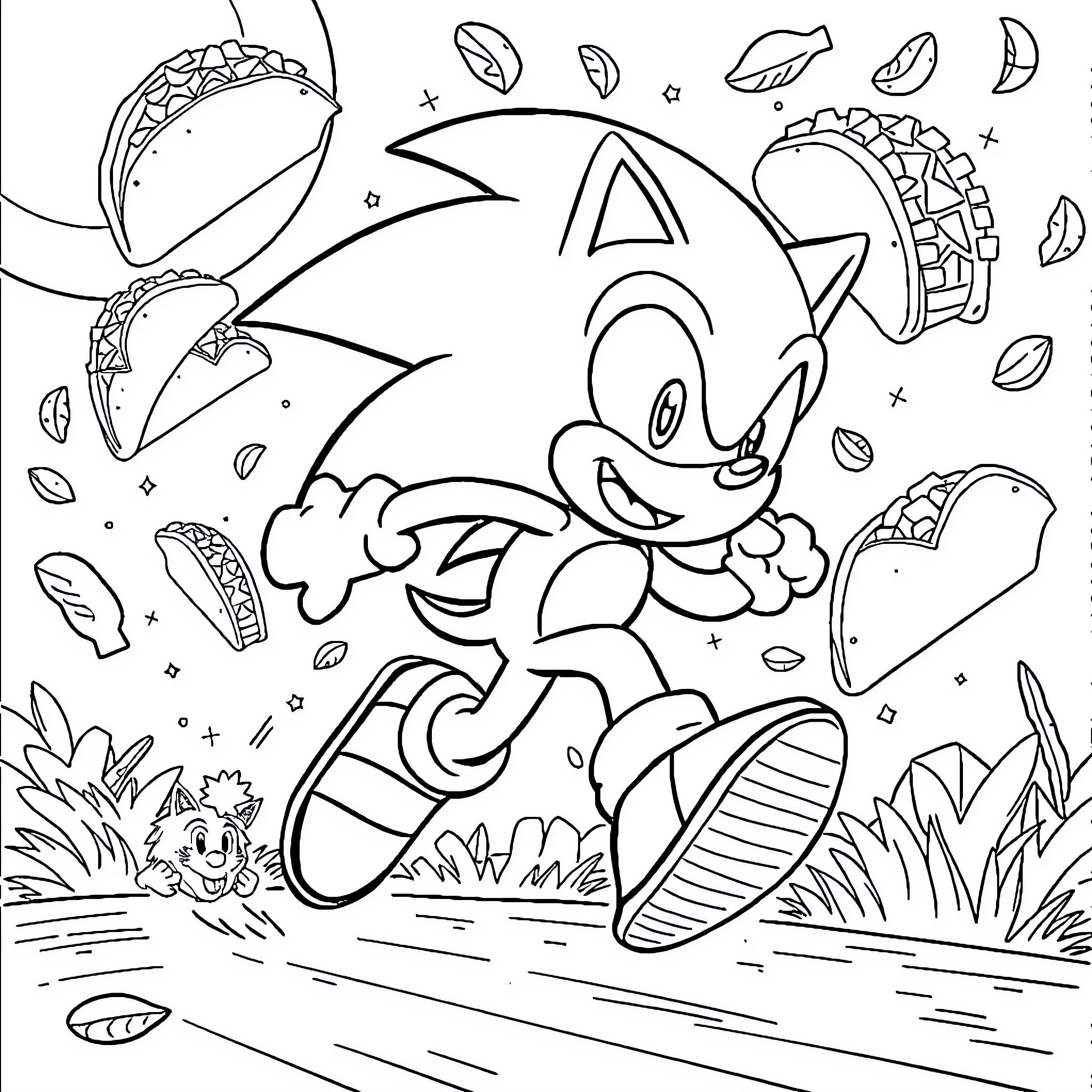 Sonic enjoying tacos and nature Coloring Page (free black-and-white line drawing printable PDF for all, from beginners to advanced learners, including children, teens, adults, and seniors)