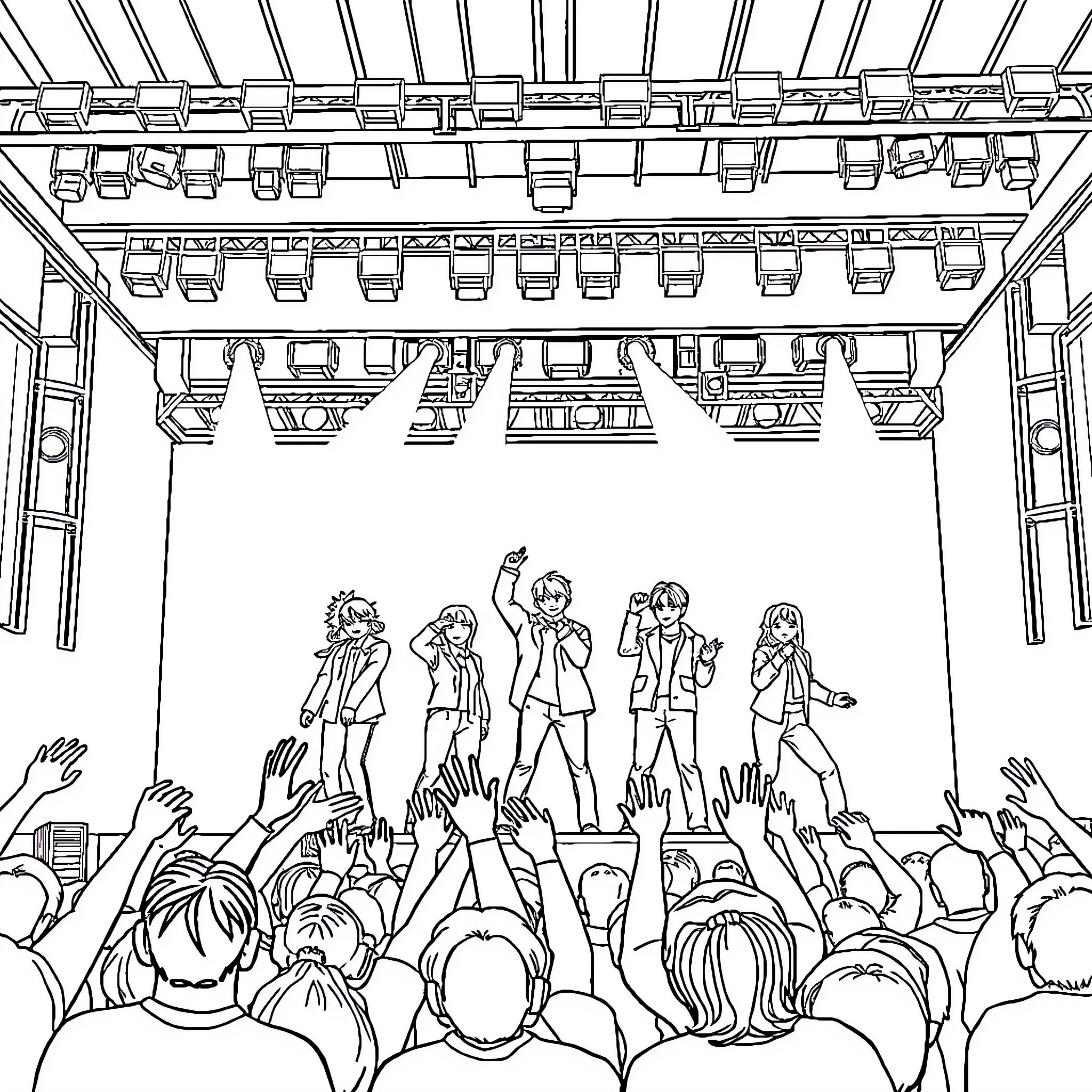 BTS Performing on Stage with Cheering Crowd Coloring Page (free black-and-white line drawing printable PDF for all, from beginners to advanced learners, including children, teens, adults, and seniors)