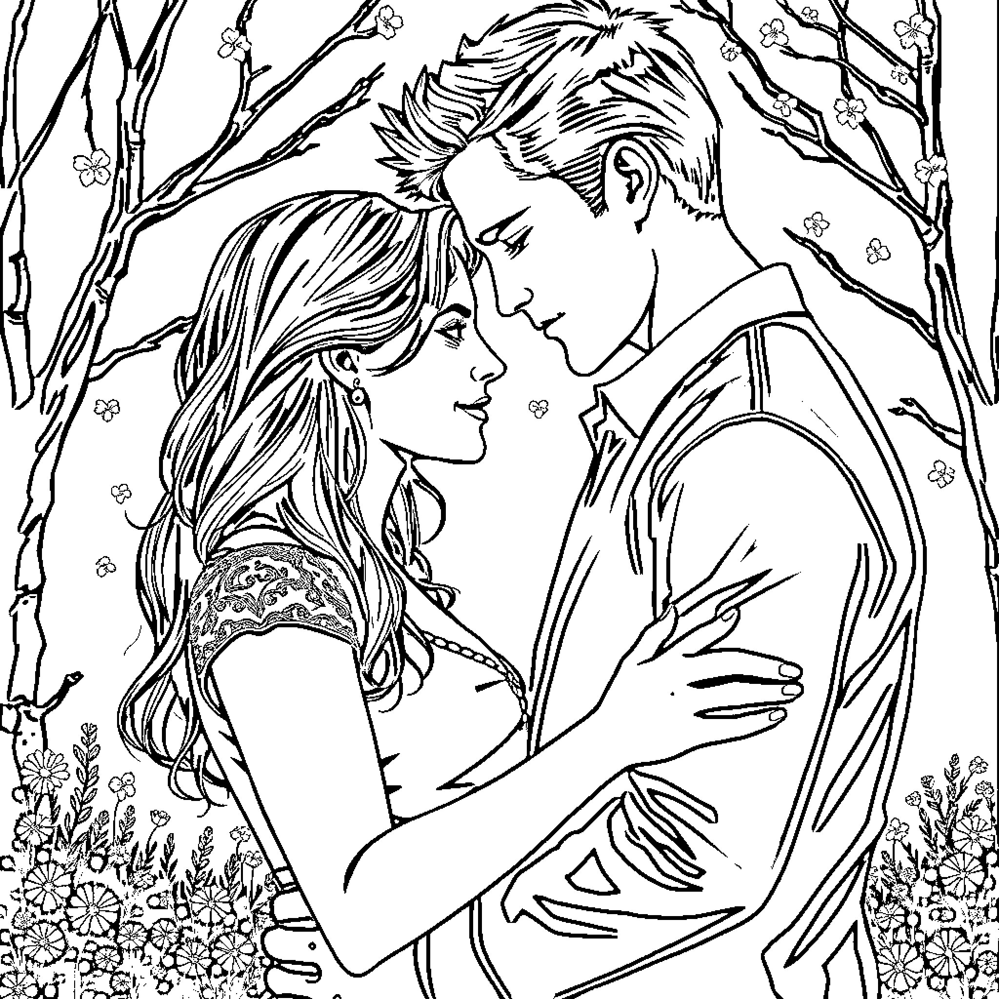 Twilight Embrace - Lovers in the Meadow Coloring Page (free black-and-white line drawing printable PDF for all, from beginners to advanced learners, including children, teens, adults, and seniors)