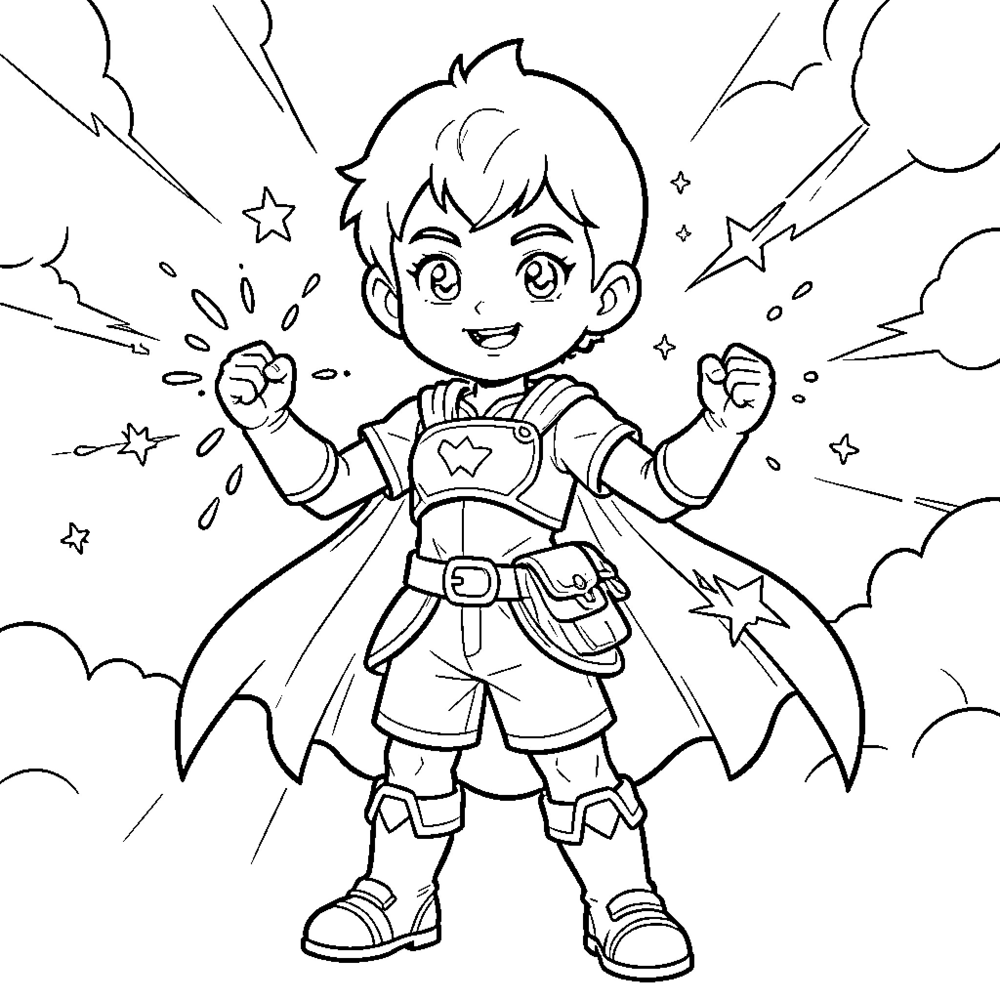 Boboiboy posing heroically with a determined expression Coloring Page (free black-and-white line drawing printable PDF for all, from beginners to advanced learners, including children, teens, adults, and seniors)