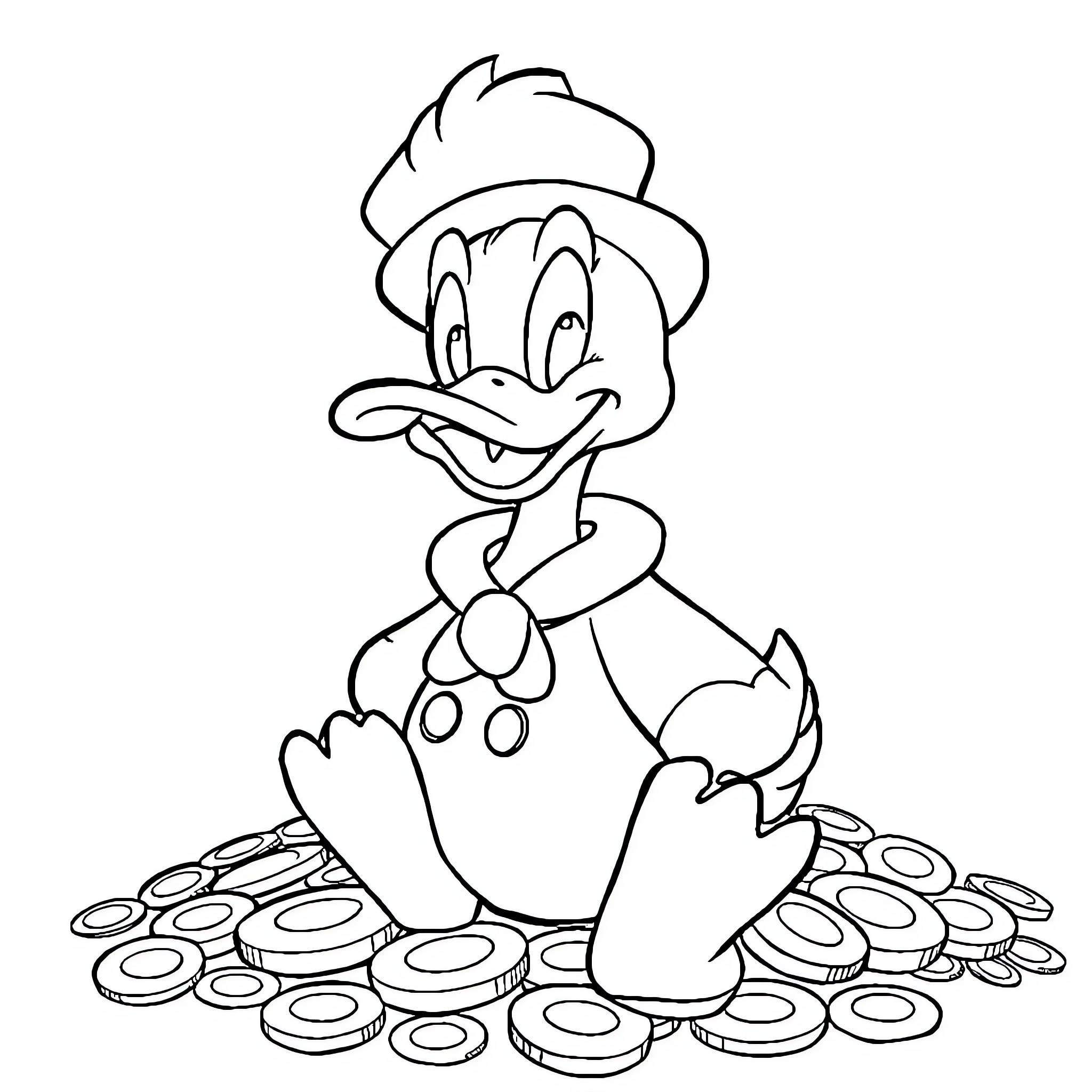 Picsou sitting on a pile of coins Coloring Page (free black-and-white line drawing printable PDF for all, from beginners to advanced learners, including children, teens, adults, and seniors)