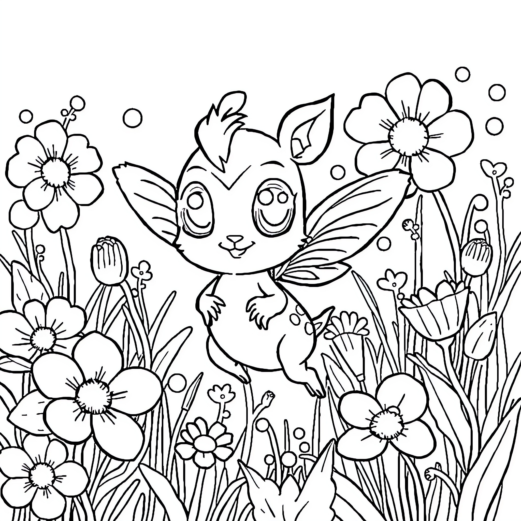 Sprunki's Flowery Adventure Coloring Page (free black-and-white line drawing printable PDF for all, from beginners to advanced learners, including children, teens, adults, and seniors)