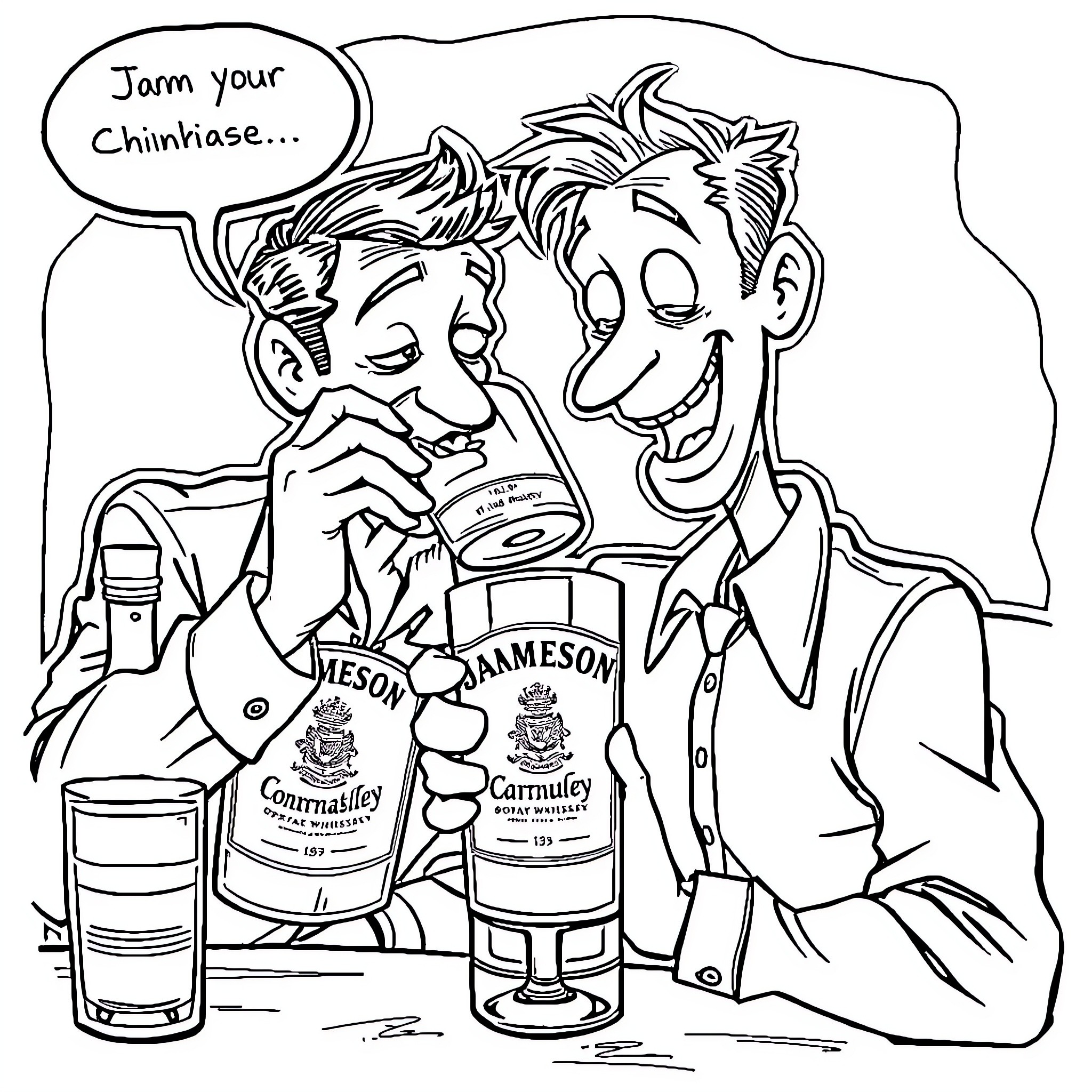 Joke about friends drinking Irish whiskey Coloring Page (free black-and-white line drawing printable PDF for all, from beginners to advanced learners, including children, teens, adults, and seniors)