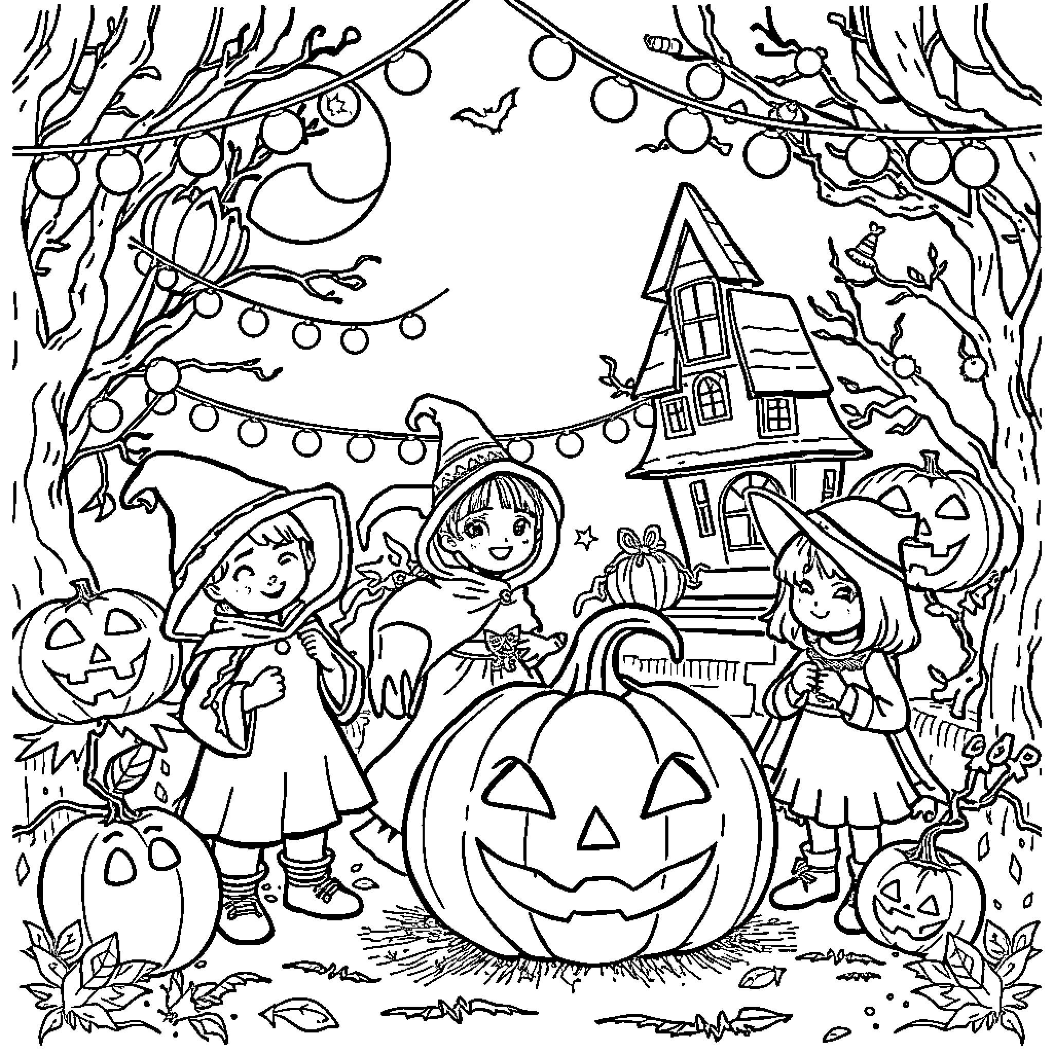 Halloween Trick-or-Treating Celebration in the Forest Coloring Page (free black-and-white line drawing printable PDF for all, from beginners to advanced learners, including children, teens, adults, and seniors)