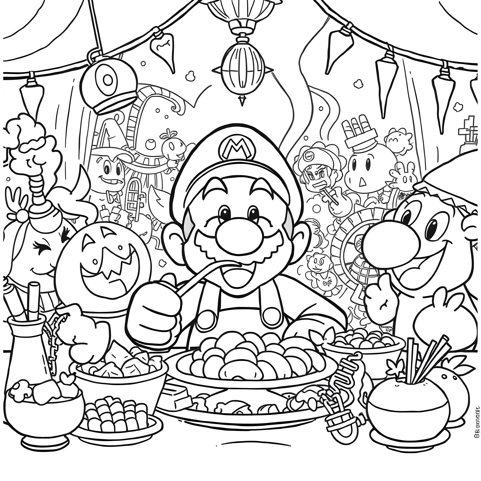 Mario's Festive Celebration with Mushroom Kingdom Characters Coloring Page (free black-and-white line drawing printable PDF for all, from beginners to advanced learners, including children, teens, adults, and seniors)