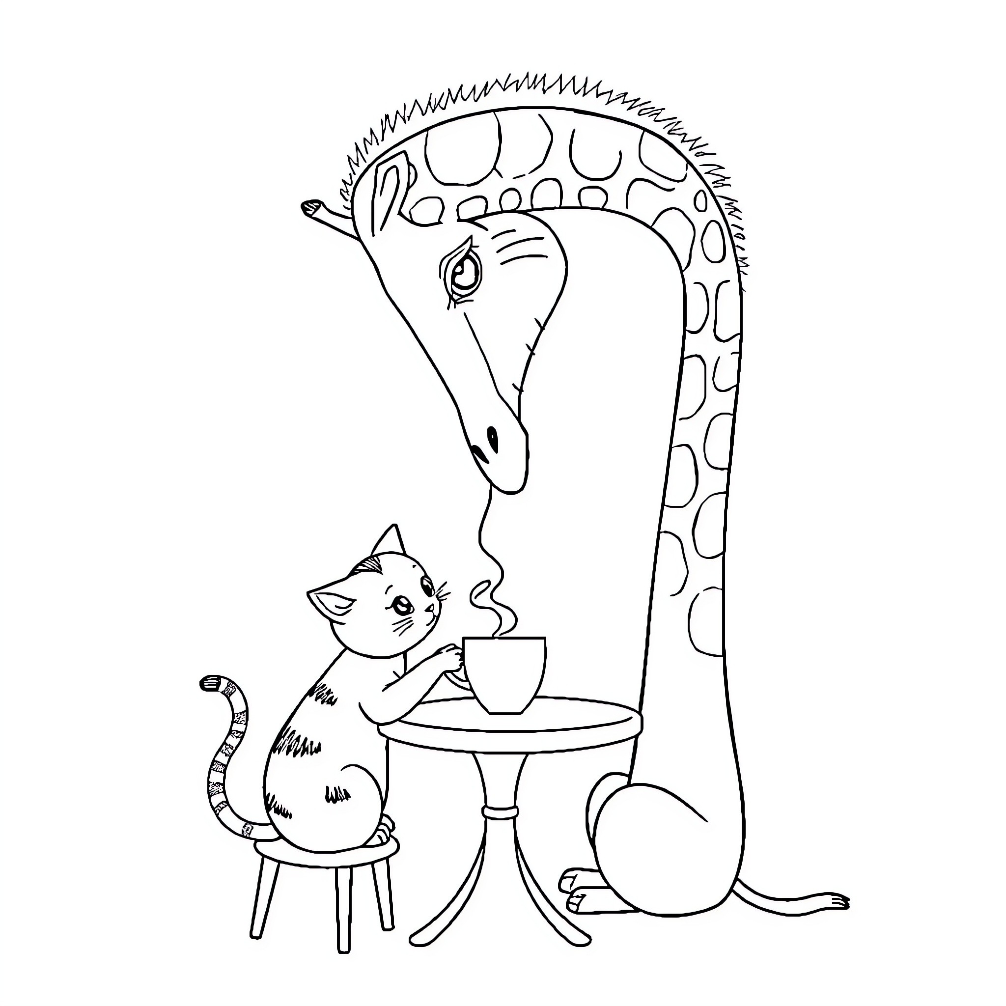 Cat enjoying tea with a giraffe Coloring Page (free black-and-white line drawing printable PDF for all, from beginners to advanced learners, including children, teens, adults, and seniors)