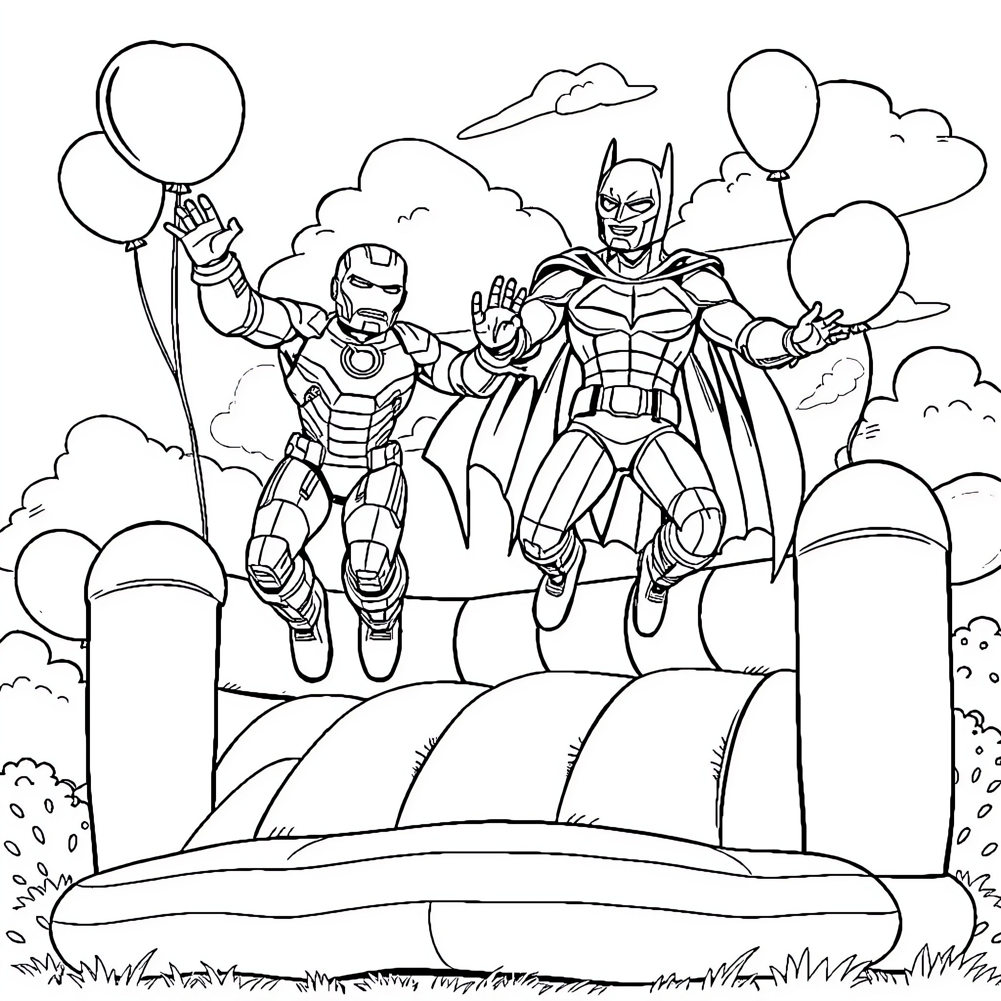 Iron Man and Batman Flying with Balloons in the Sky Coloring Page (free black-and-white line drawing printable PDF for all, from beginners to advanced learners, including children, teens, adults, and seniors)