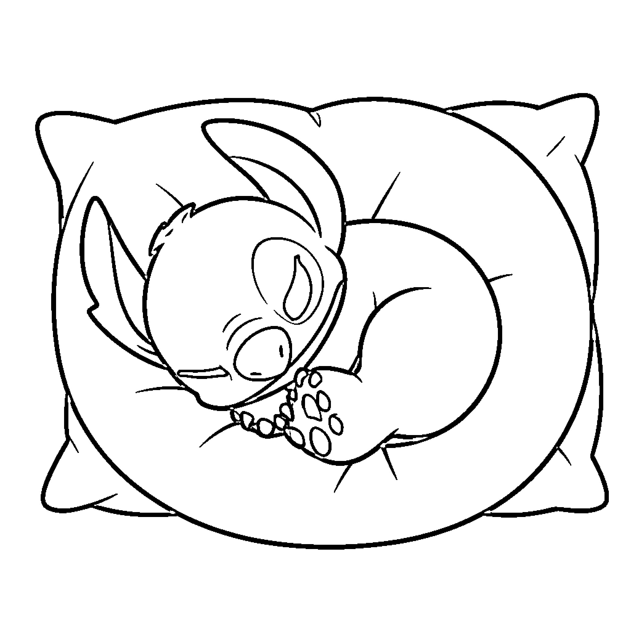 Stitch sleeping peacefully on a pillow Coloring Page (free black-and-white line drawing printable PDF for all, from beginners to advanced learners, including children, teens, adults, and seniors)