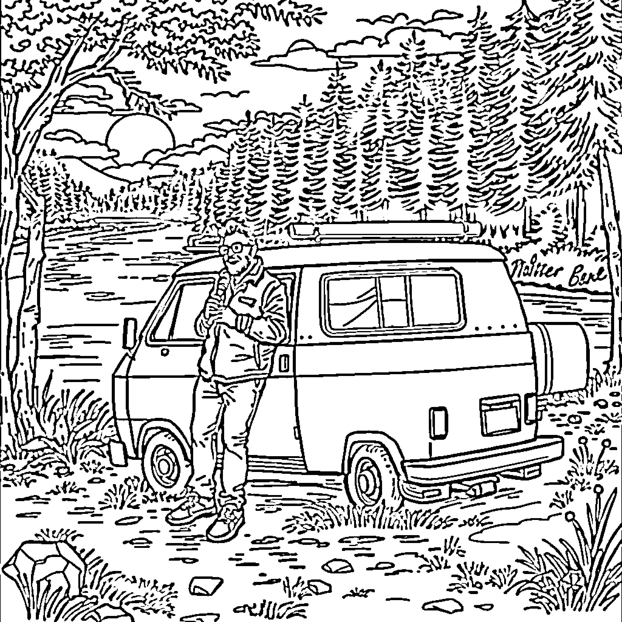 Matt Foley's Motivational Speech in the Wilderness Coloring Page (free black-and-white line drawing printable PDF for all, from beginners to advanced learners, including children, teens, adults, and seniors)