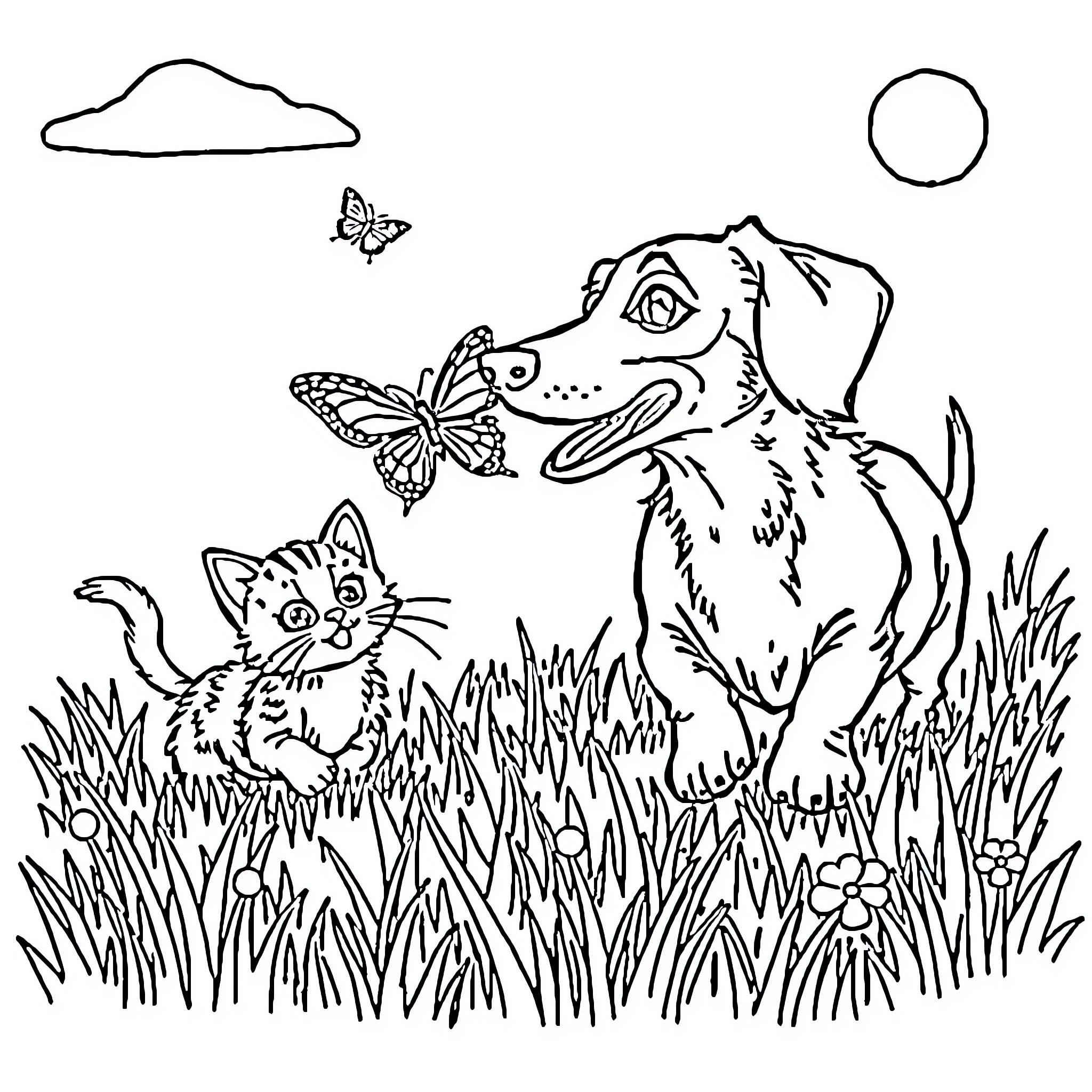 Dachshund and kitten chasing butterflies outdoors Coloring Page (free black-and-white line drawing printable PDF for all, from beginners to advanced learners, including children, teens, adults, and seniors)