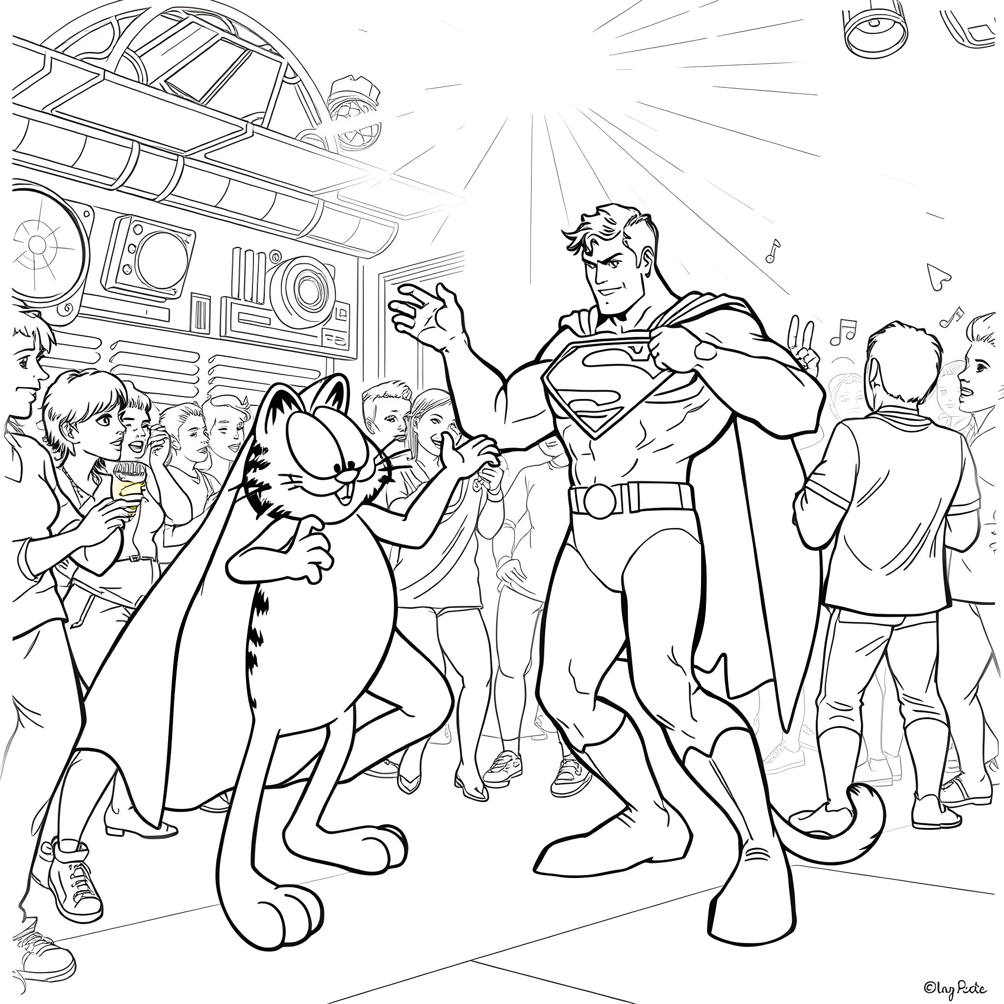 Superman helping people in a busy city scene Coloring Page (free black-and-white line drawing printable PDF for all, from beginners to advanced learners, including children, teens, adults, and seniors)