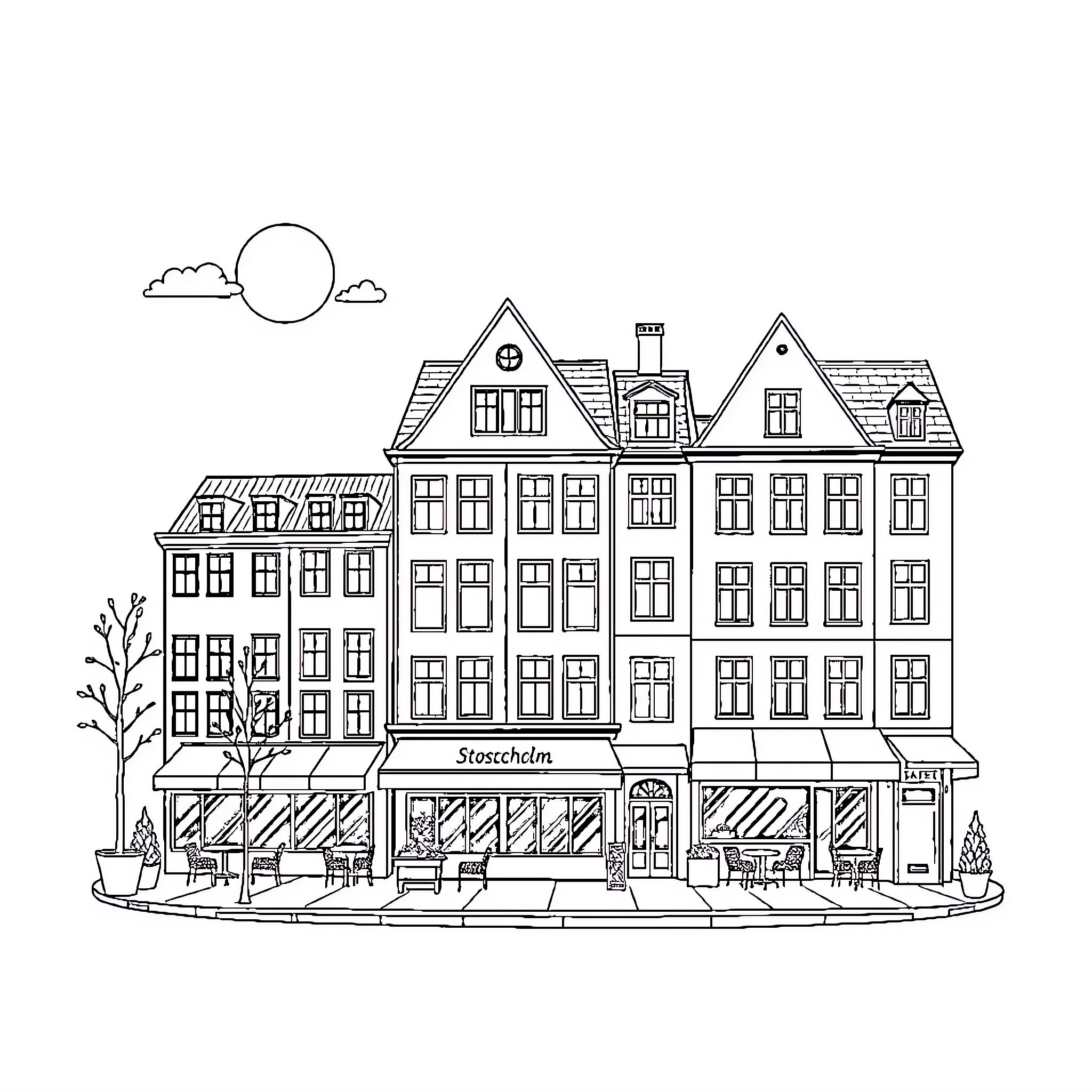Stockholm cityscape with traditional architecture and storefronts Coloring Page (free black-and-white line drawing printable PDF for all, from beginners to advanced learners, including children, teens, adults, and seniors)