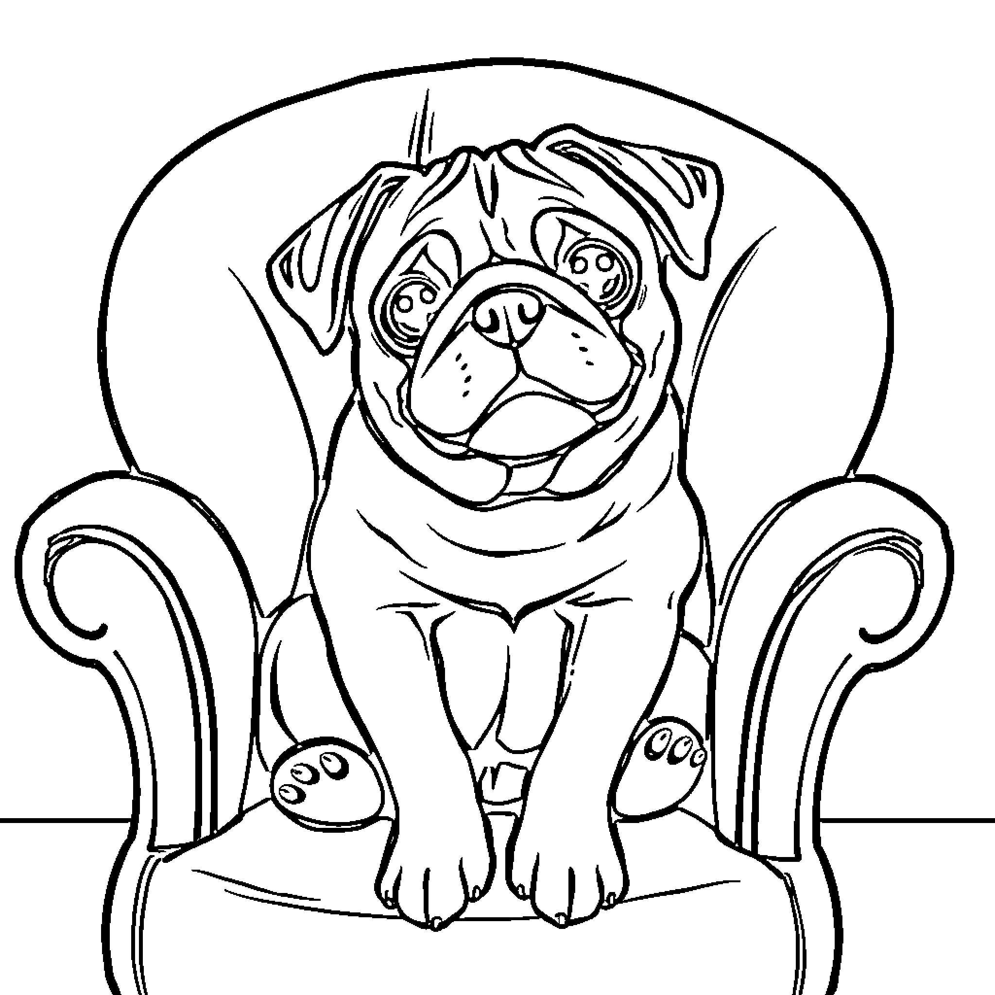 Pug enjoying cozy armchair Coloring Page (free black-and-white line drawing printable PDF for all, from beginners to advanced learners, including children, teens, adults, and seniors)