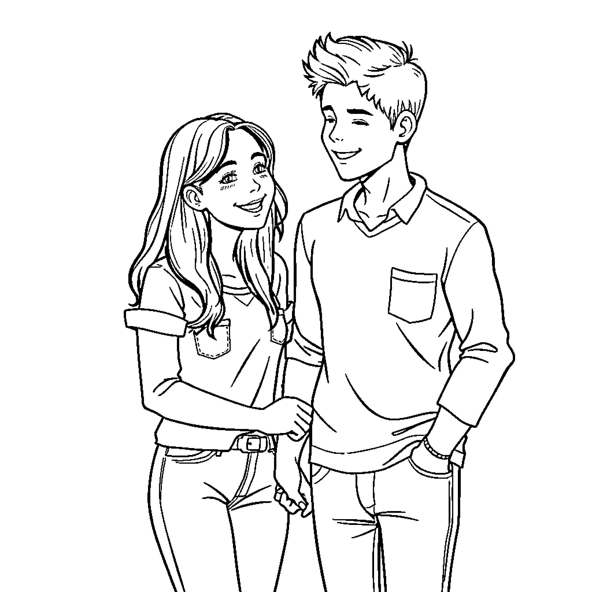 Girl and Boy Sharing a Moment Together Coloring Page (free black-and-white line drawing printable PDF for all, from beginners to advanced learners, including children, teens, adults, and seniors)