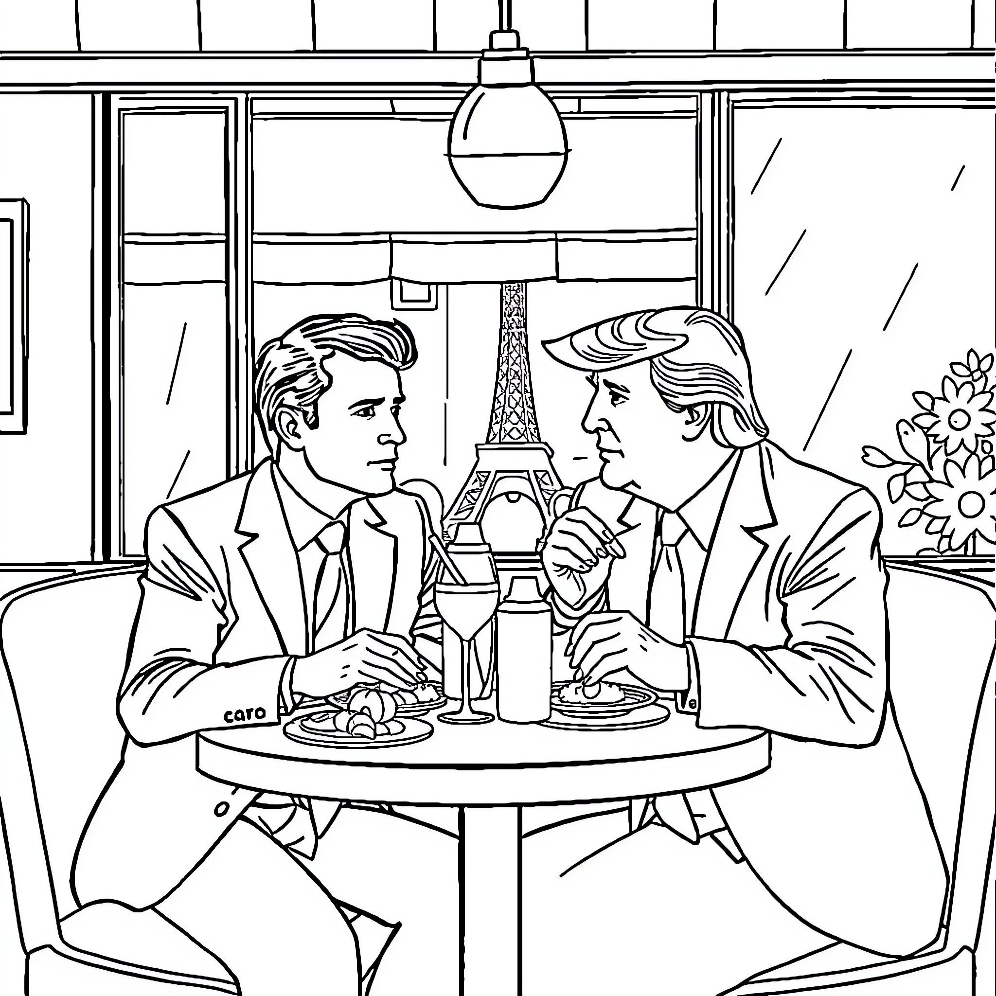 Macron and Trump Enjoy Dinner in Paris Coloring Page (free black-and-white line drawing printable PDF for all, from beginners to advanced learners, including children, teens, adults, and seniors)