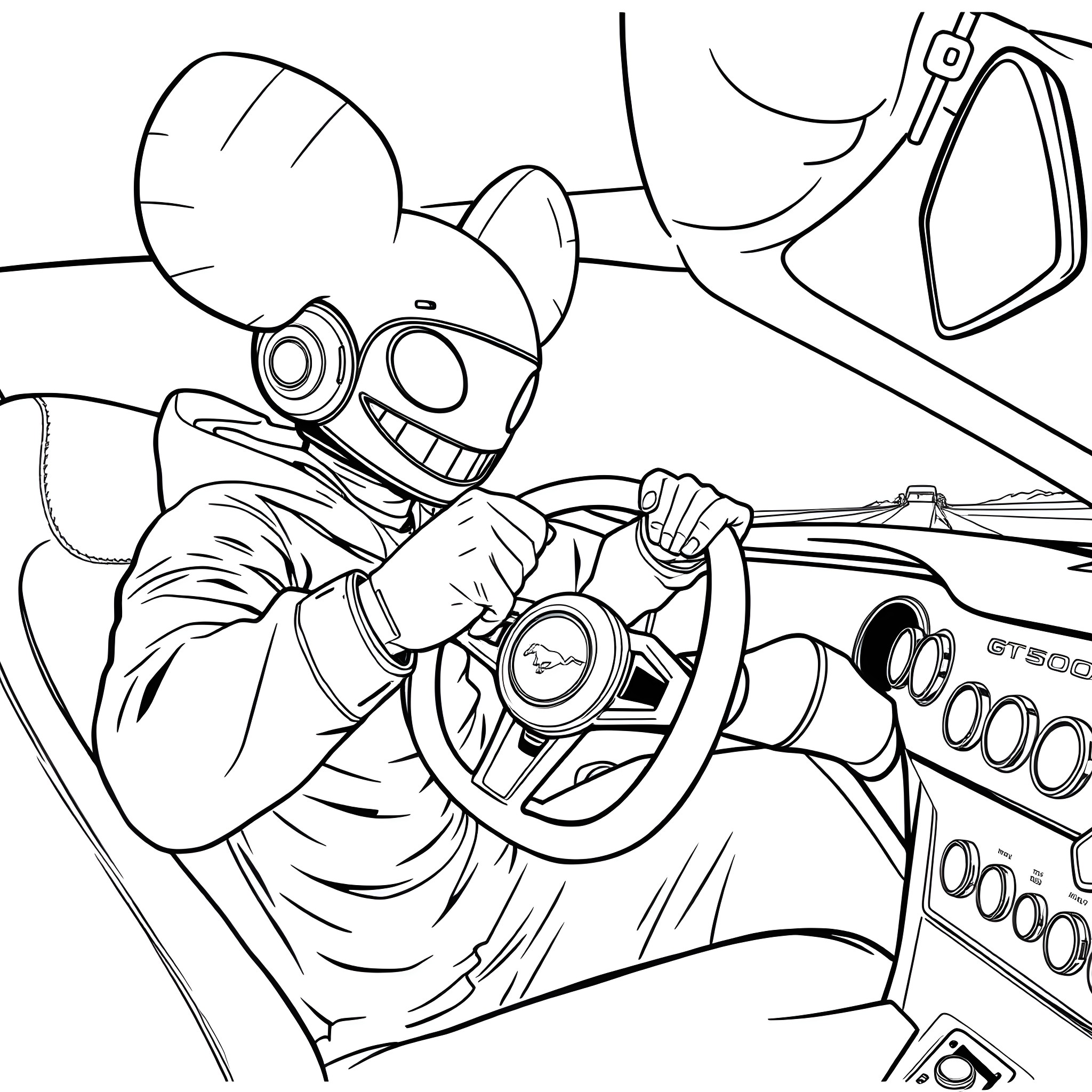 Deadmau5 driving a futuristic vehicle Coloring Page (free black-and-white line drawing printable PDF for all, from beginners to advanced learners, including children, teens, adults, and seniors)