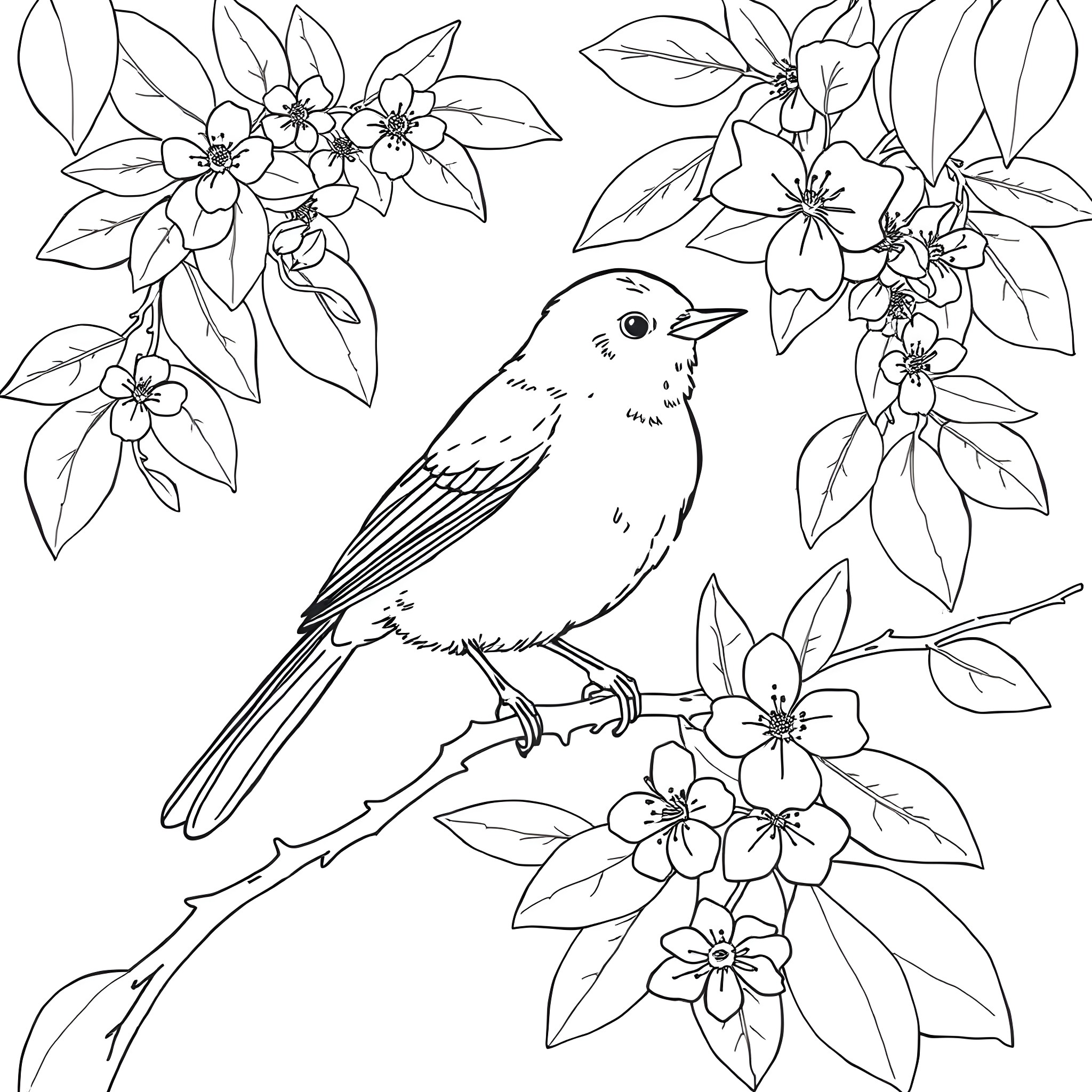 Tit bird amidst blossoming floral bouquet Coloring Page (free black-and-white line drawing printable PDF for all, from beginners to advanced learners, including children, teens, adults, and seniors)