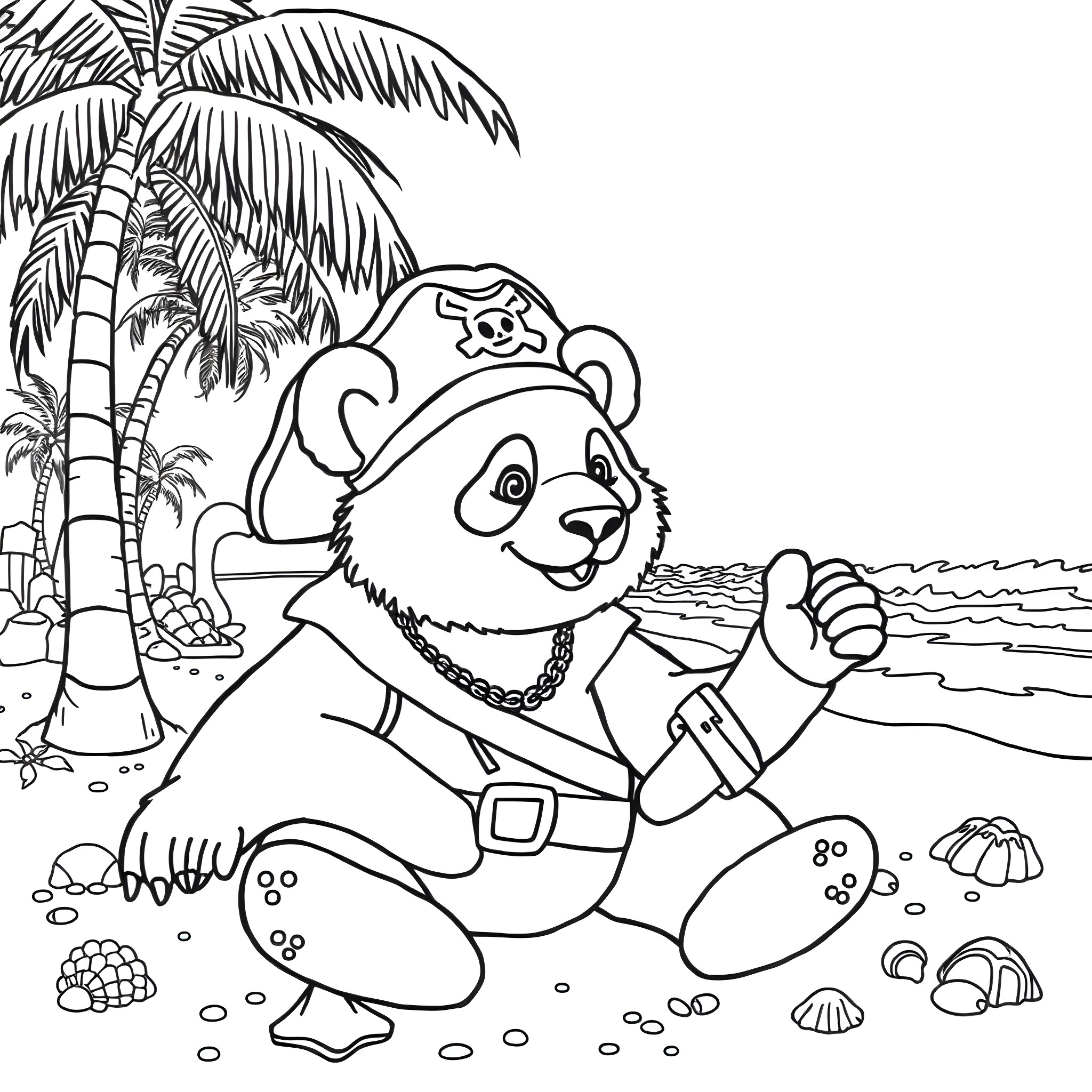 Panda pirate exploring a tropical beach Coloring Page (free black-and-white line drawing printable PDF for all, from beginners to advanced learners, including children, teens, adults, and seniors)