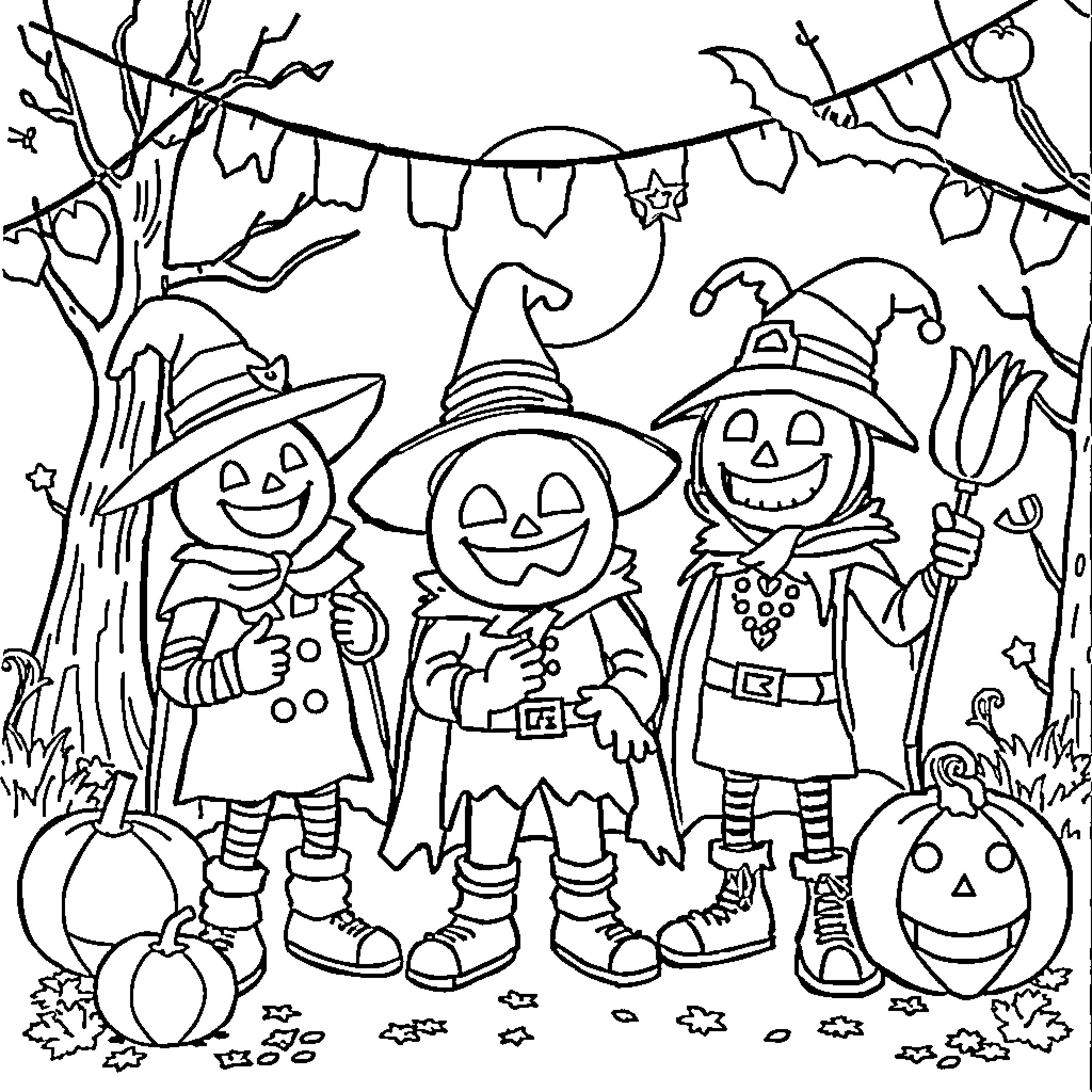 Fall Guys Trick-or-Treating in Spooky Woodland Coloring Page (free black-and-white line drawing printable PDF for all, from beginners to advanced learners, including children, teens, adults, and seniors)