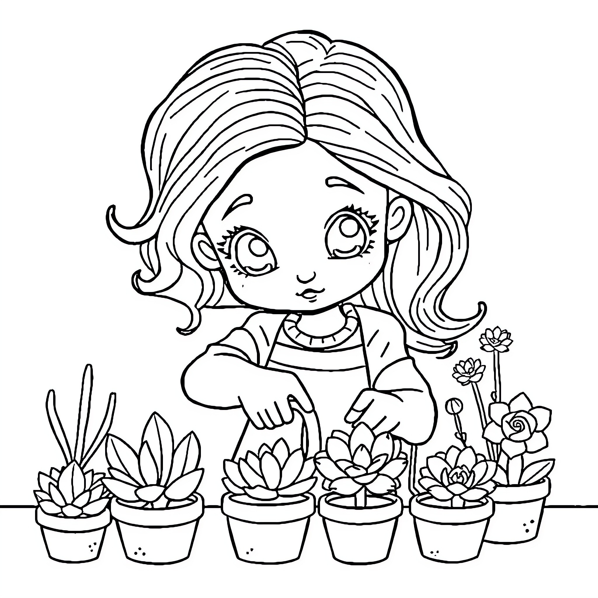 Frankenstein's Girl Tending to Potted Succulents Coloring Page (free black-and-white line drawing printable PDF for all, from beginners to advanced learners, including children, teens, adults, and seniors)