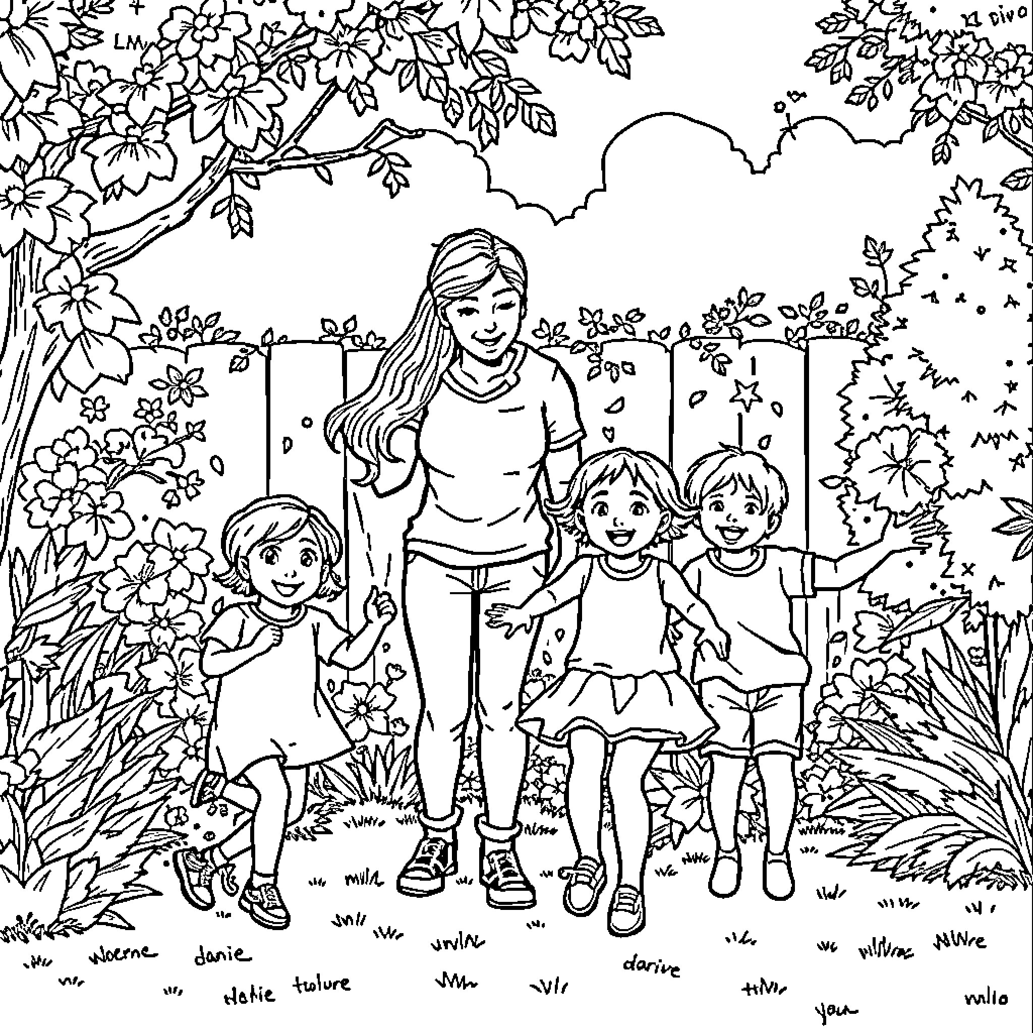 Family Enjoying Nature's Beauty Coloring Page (free black-and-white line drawing printable PDF for all, from beginners to advanced learners, including children, teens, adults, and seniors)