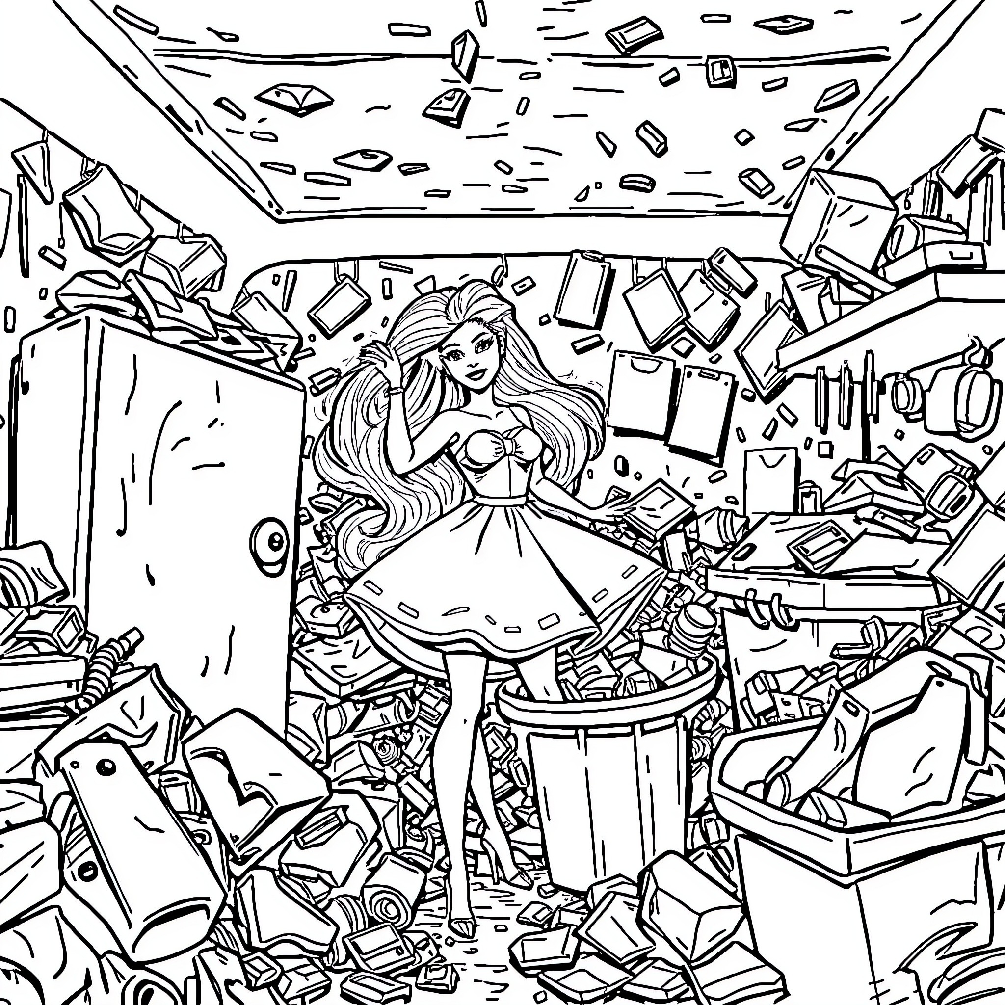 Barbie surrounded by scattered electronics and gadgets Coloring Page (free black-and-white line drawing printable PDF for all, from beginners to advanced learners, including children, teens, adults, and seniors)