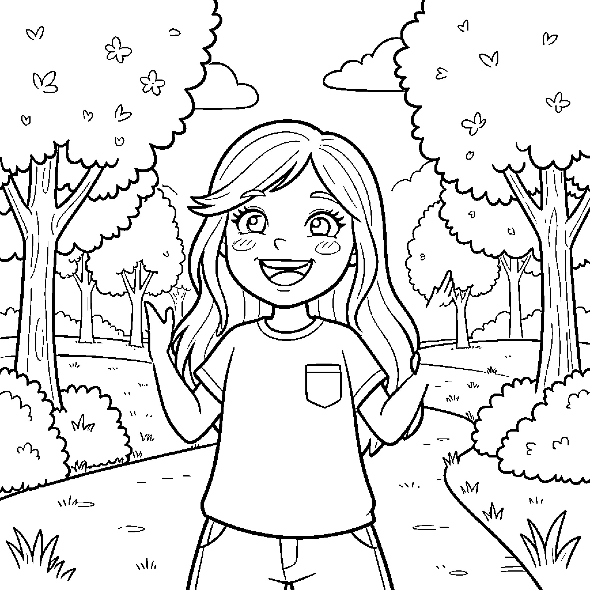 Carly Quen smiling joyfully in a lush forest Coloring Page (free black-and-white line drawing printable PDF for all, from beginners to advanced learners, including children, teens, adults, and seniors)