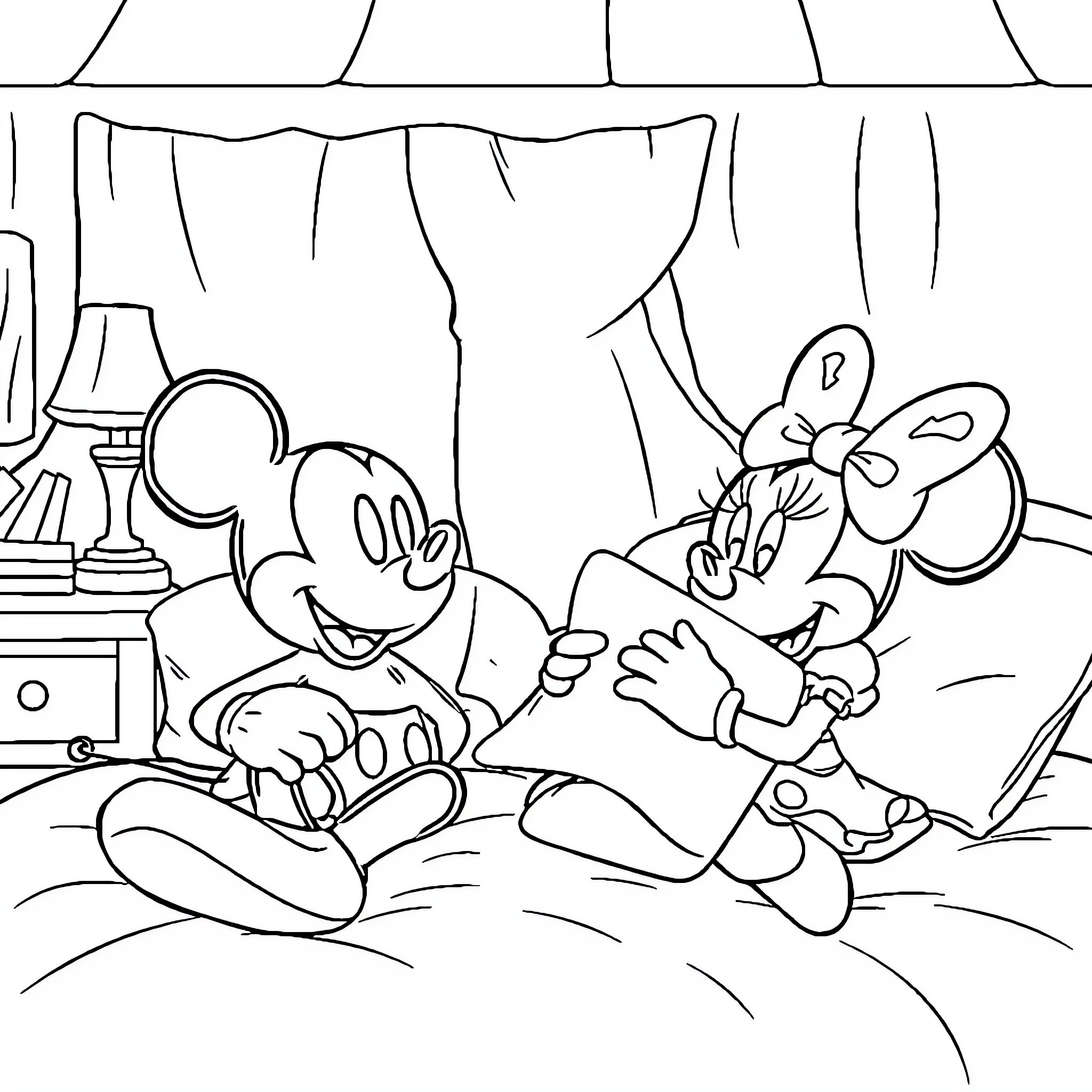 Mickey and Minnie enjoying a cozy moment together Coloring Page (free black-and-white line drawing printable PDF for all, from beginners to advanced learners, including children, teens, adults, and seniors)