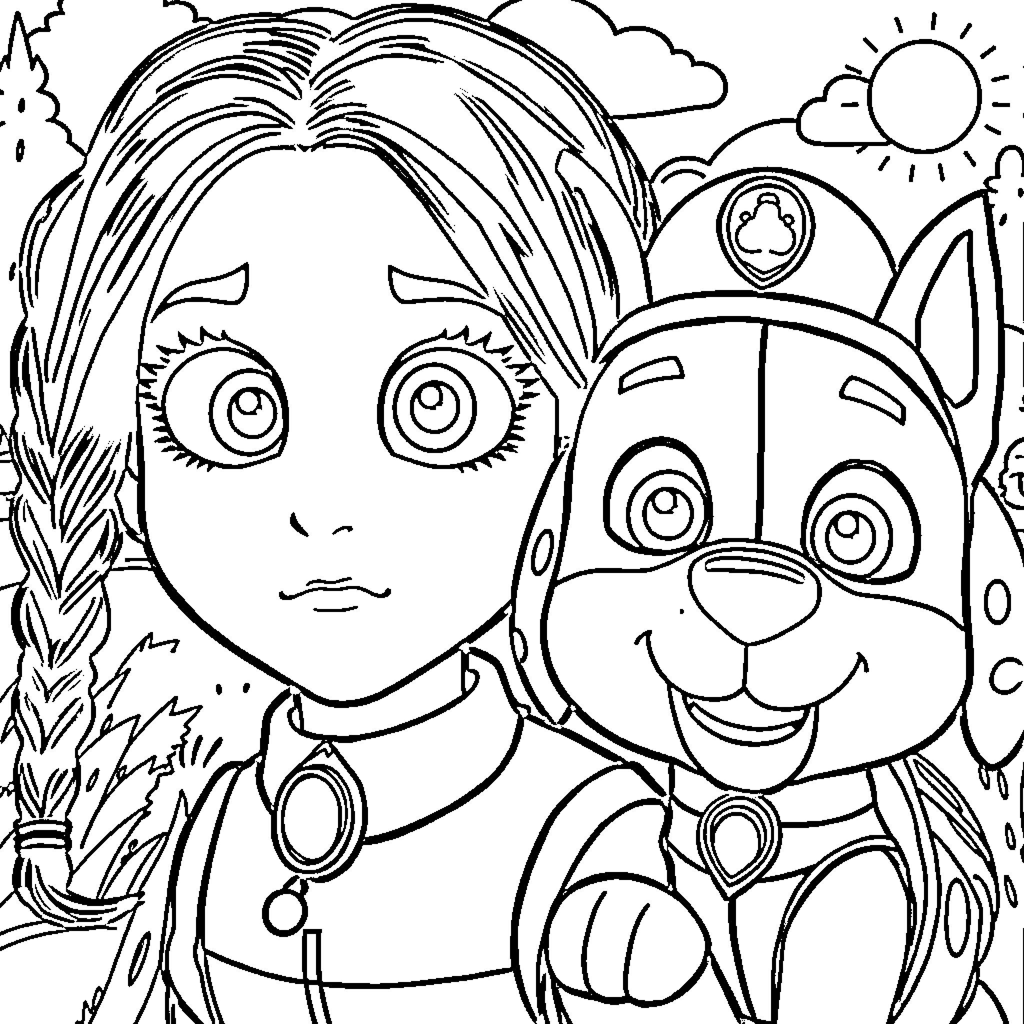 Wednesday Addams and Paw Patrol Puppy in Playful Adventure Coloring Page (free black-and-white line drawing printable PDF for all, from beginners to advanced learners, including children, teens, adults, and seniors)