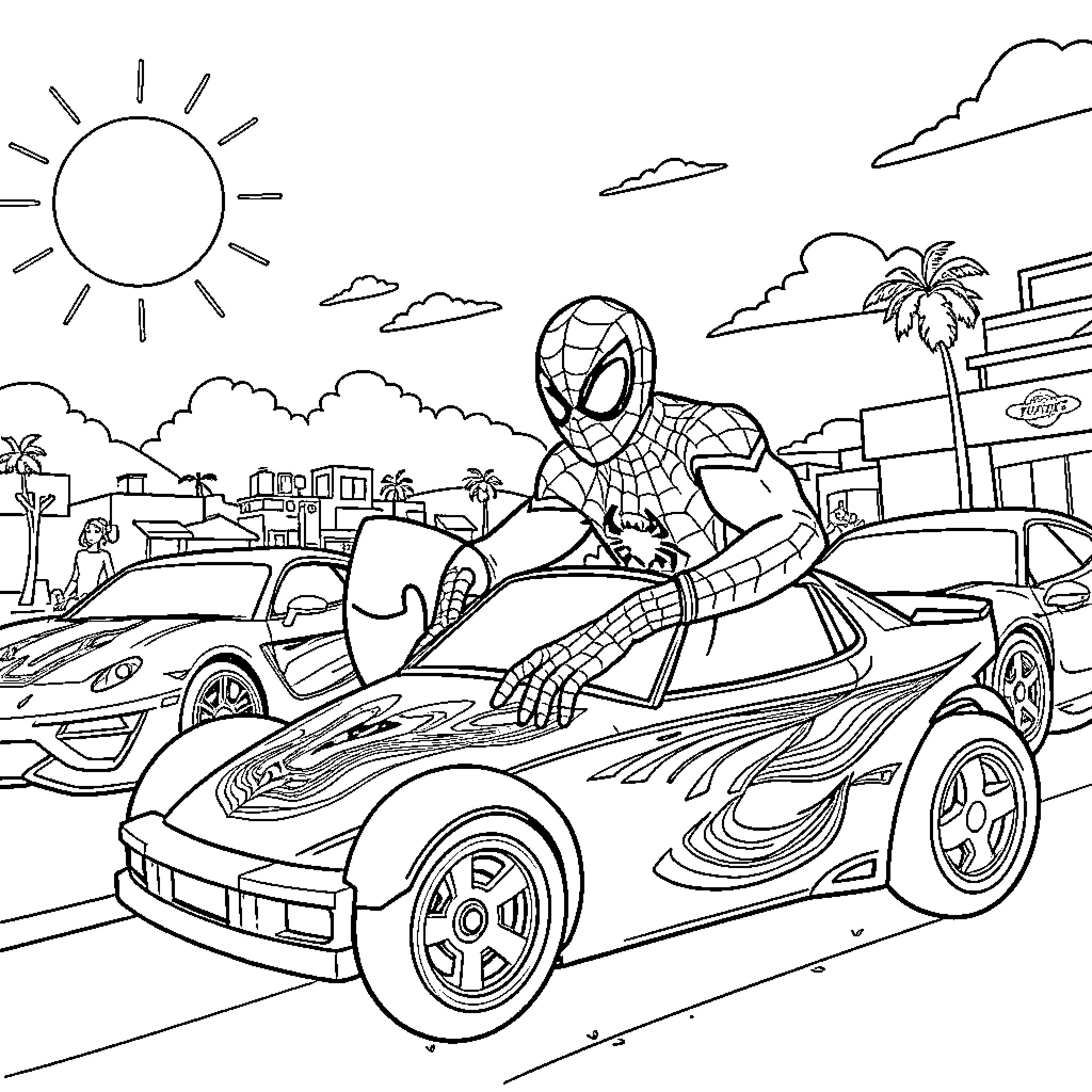 Spiderman swinging through the city in his car Coloring Page (free black-and-white line drawing printable PDF for all, from beginners to advanced learners, including children, teens, adults, and seniors)