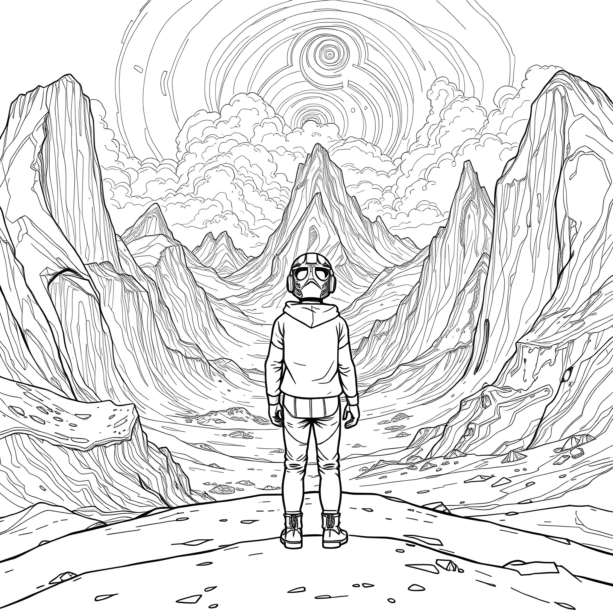 Cooper's Cosmic Expedition in the Mountains Coloring Page (free black-and-white line drawing printable PDF for all, from beginners to advanced learners, including children, teens, adults, and seniors)