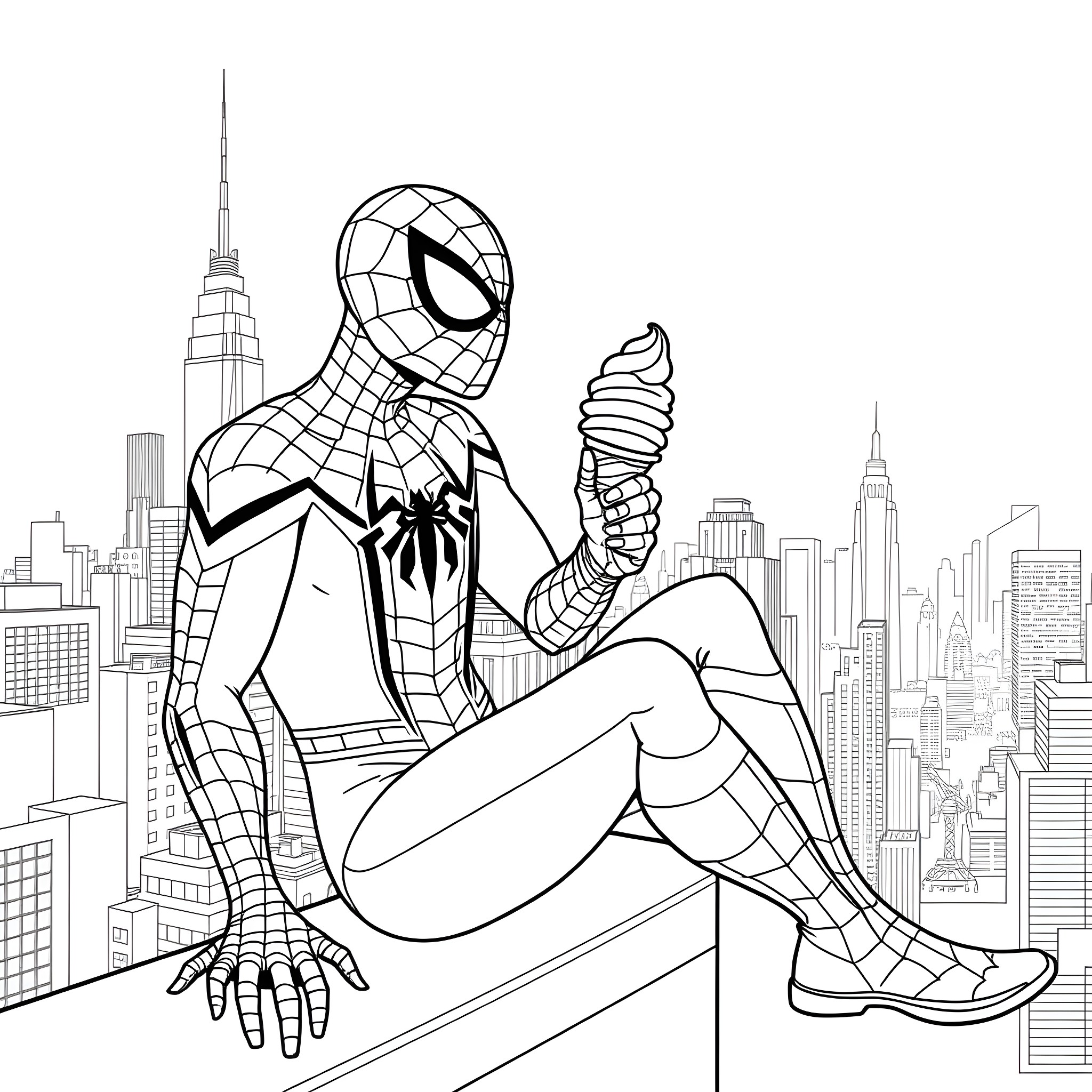 Spider-Man relaxing on a city skyline Coloring Page (free black-and-white line drawing printable PDF for all, from beginners to advanced learners, including children, teens, adults, and seniors)