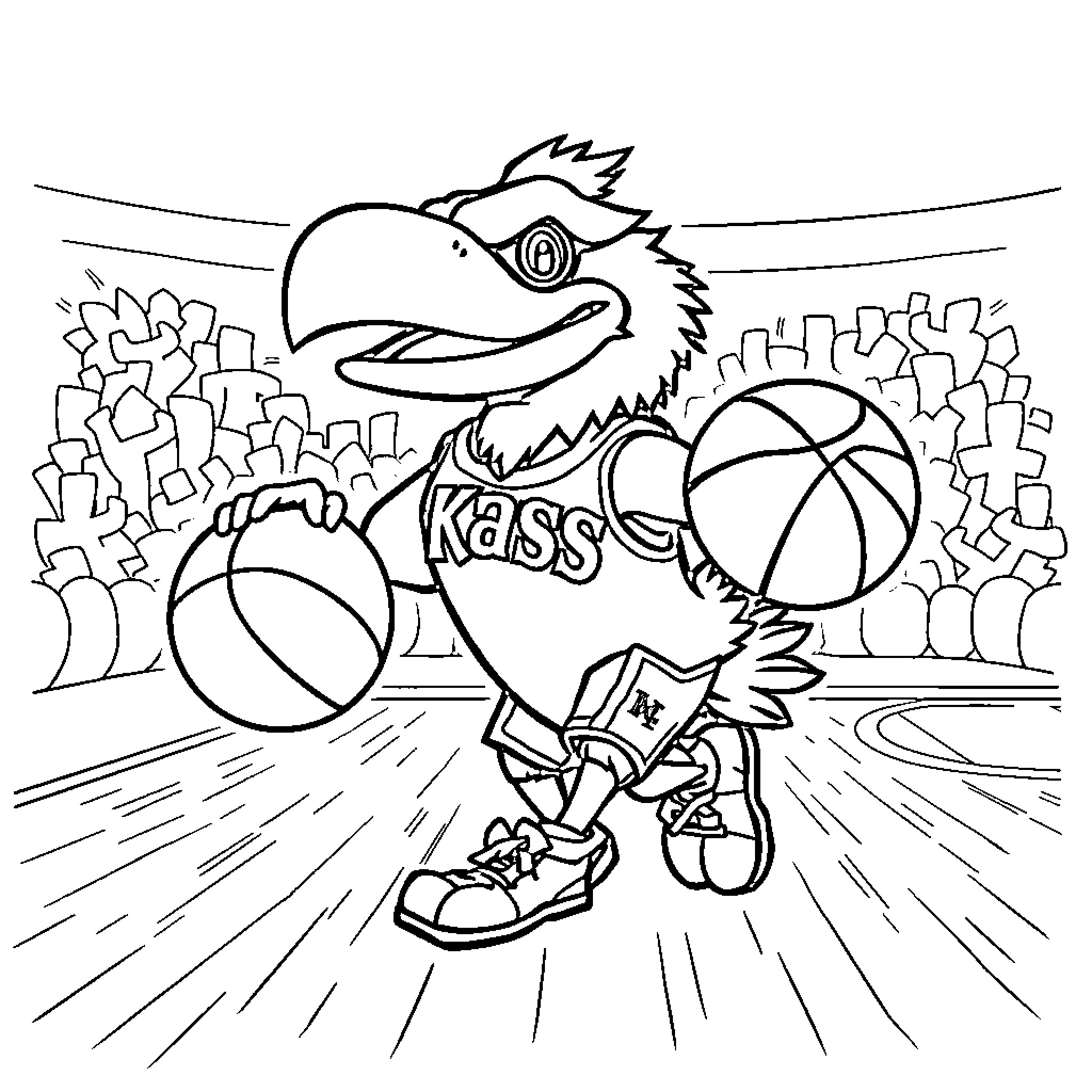 Jayhawk Basketball Player Dribbling Basketballs in Arena Coloring Page (free black-and-white line drawing printable PDF for all, from beginners to advanced learners, including children, teens, adults, and seniors)