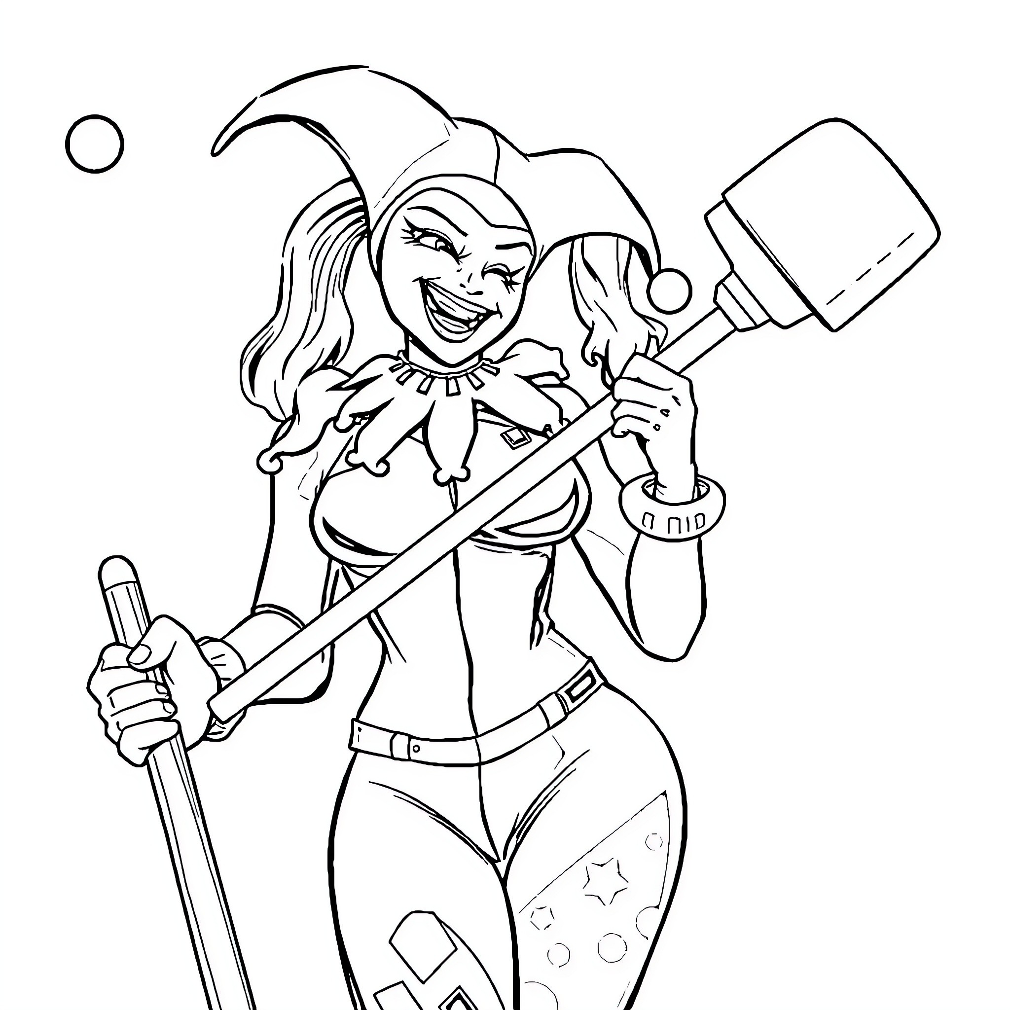 Harley Quinn in Mischievous Pose with Mallet Coloring Page (free black-and-white line drawing printable PDF for all, from beginners to advanced learners, including children, teens, adults, and seniors)