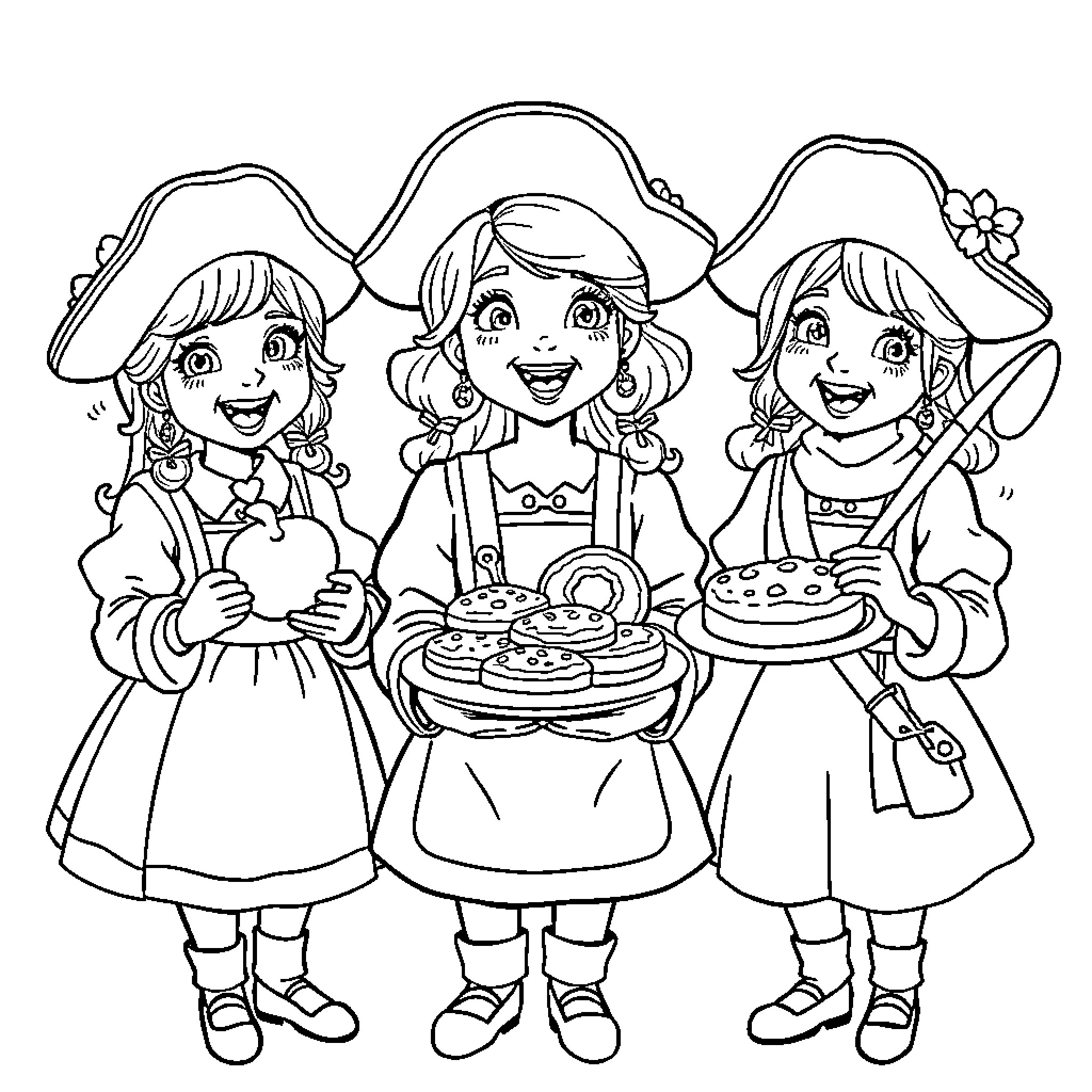 Musketeers Prepare Delicious Treats Coloring Page (free black-and-white line drawing printable PDF for all, from beginners to advanced learners, including children, teens, adults, and seniors)