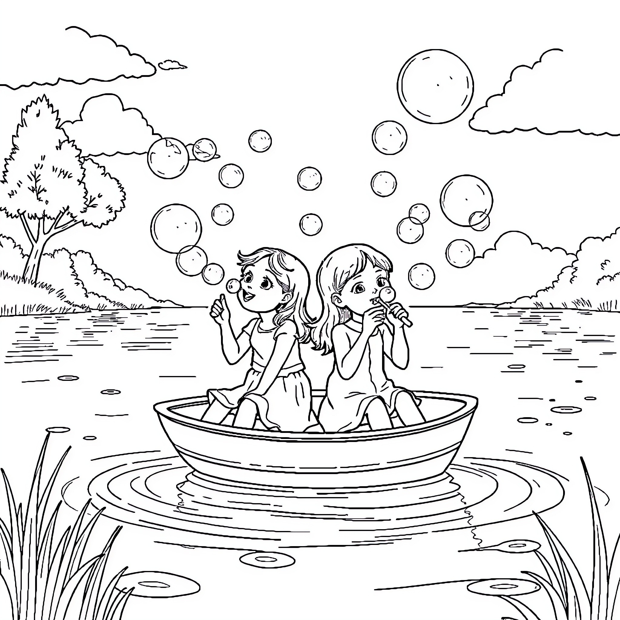 Girls blowing bubbles in a pond Coloring Page (free black-and-white line drawing printable PDF for all, from beginners to advanced learners, including children, teens, adults, and seniors)
