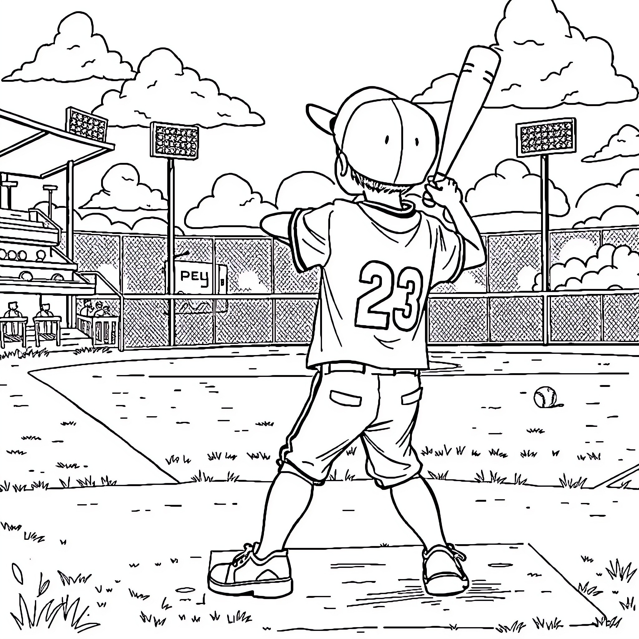 Kid playing baseball on the field Coloring Page (free black-and-white line drawing printable PDF for all, from beginners to advanced learners, including children, teens, adults, and seniors)