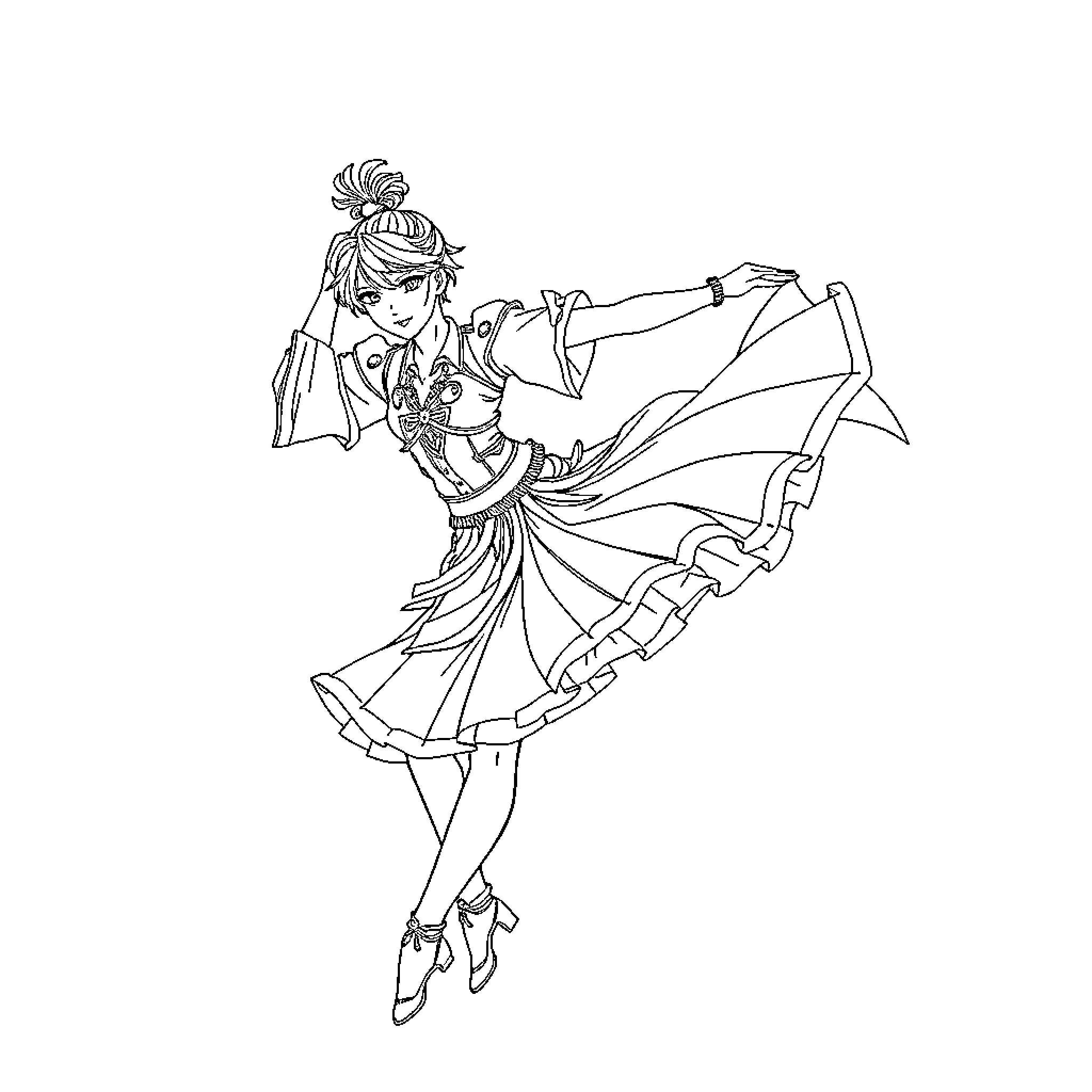 Dancer in elegant, flowing costume performing graceful movements Coloring Page (free black-and-white line drawing printable PDF for all, from beginners to advanced learners, including children, teens, adults, and seniors)