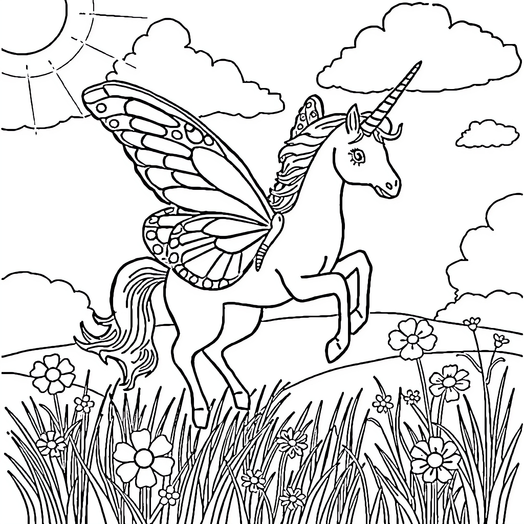Butterfly Unicorn soaring through a whimsical meadow Coloring Page (free black-and-white line drawing printable PDF for all, from beginners to advanced learners, including children, teens, adults, and seniors)